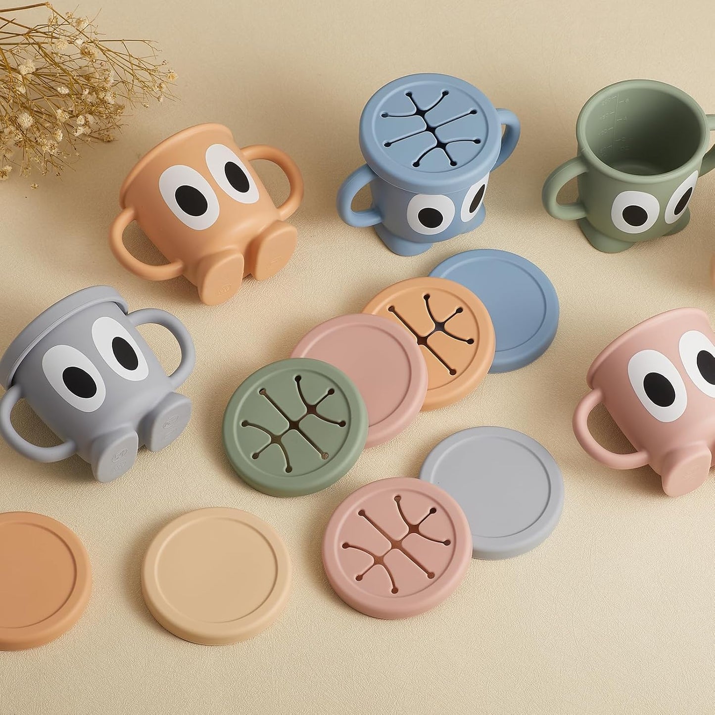 Silicone Snack Cup Food Container for Toddlers and Babies, Spill Proof Training Cup with Snack Cup Lid & Dust Proof Lid, Comes with a toy strap, Without BPA, Lead, or Phthalates (Ether)