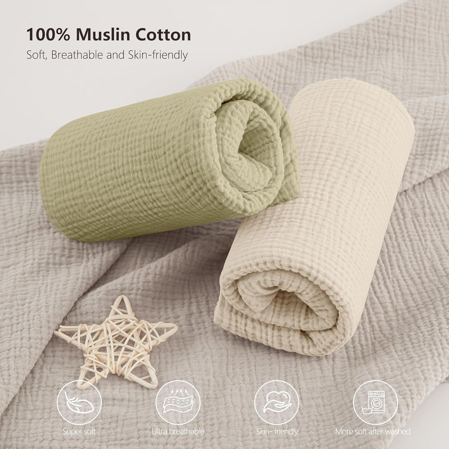 Bearmoss Muslin Mini Crib Sheets for Pack N Play Mattress - 100% Cotton - 38"x24" Soft Breathable Playard Baby Crib Sheets Neutral for Boys Girls - 2 Pack (Oat Latte)