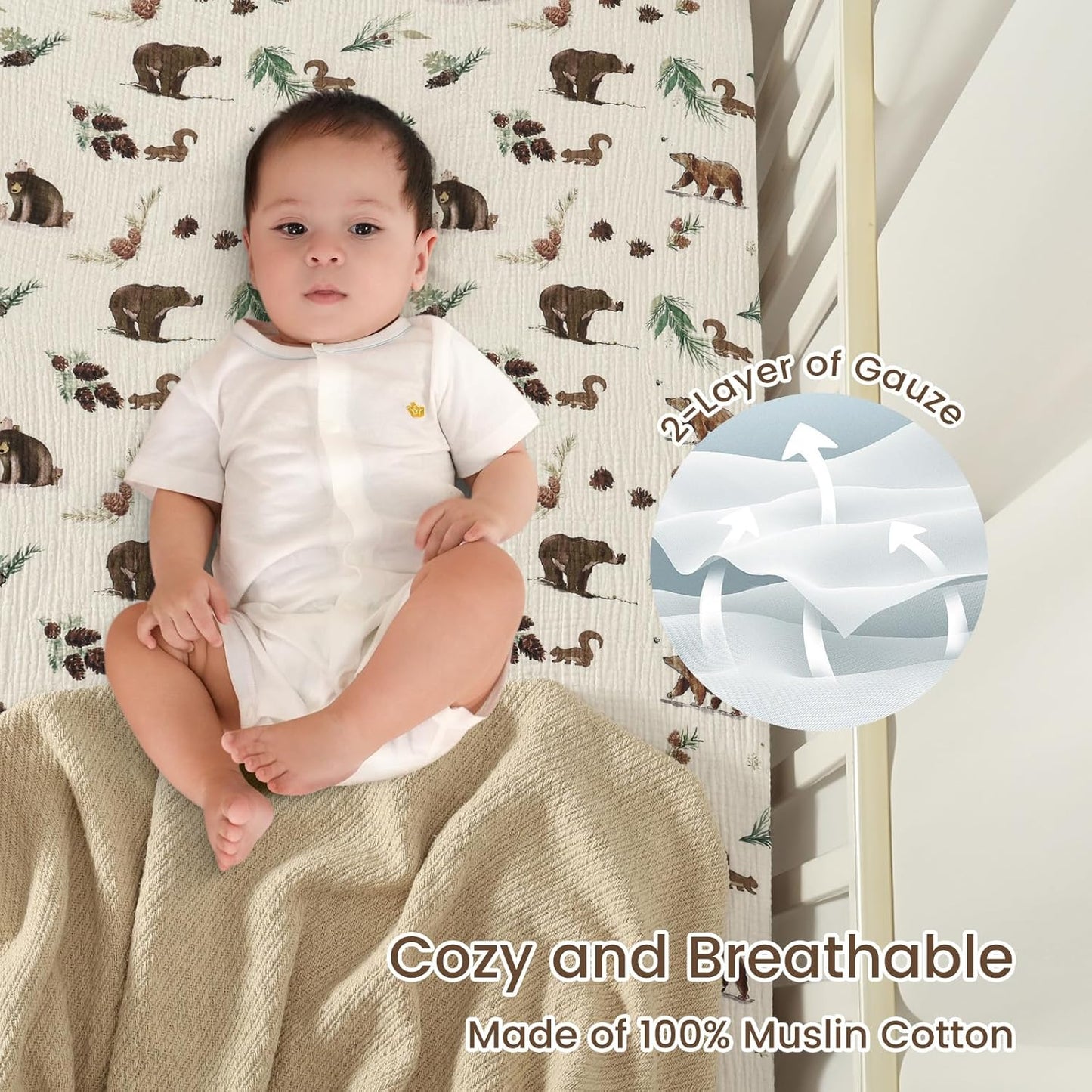 david's kids Muslin Mini Crib Sheets, 2 Pack Cotton Pack N Play Sheets for Boys Girls Neutral, Soft Breathable Baby Sheets Fit Pack N Play, Playard and Mini Crib Mattresses, Woodland Animal