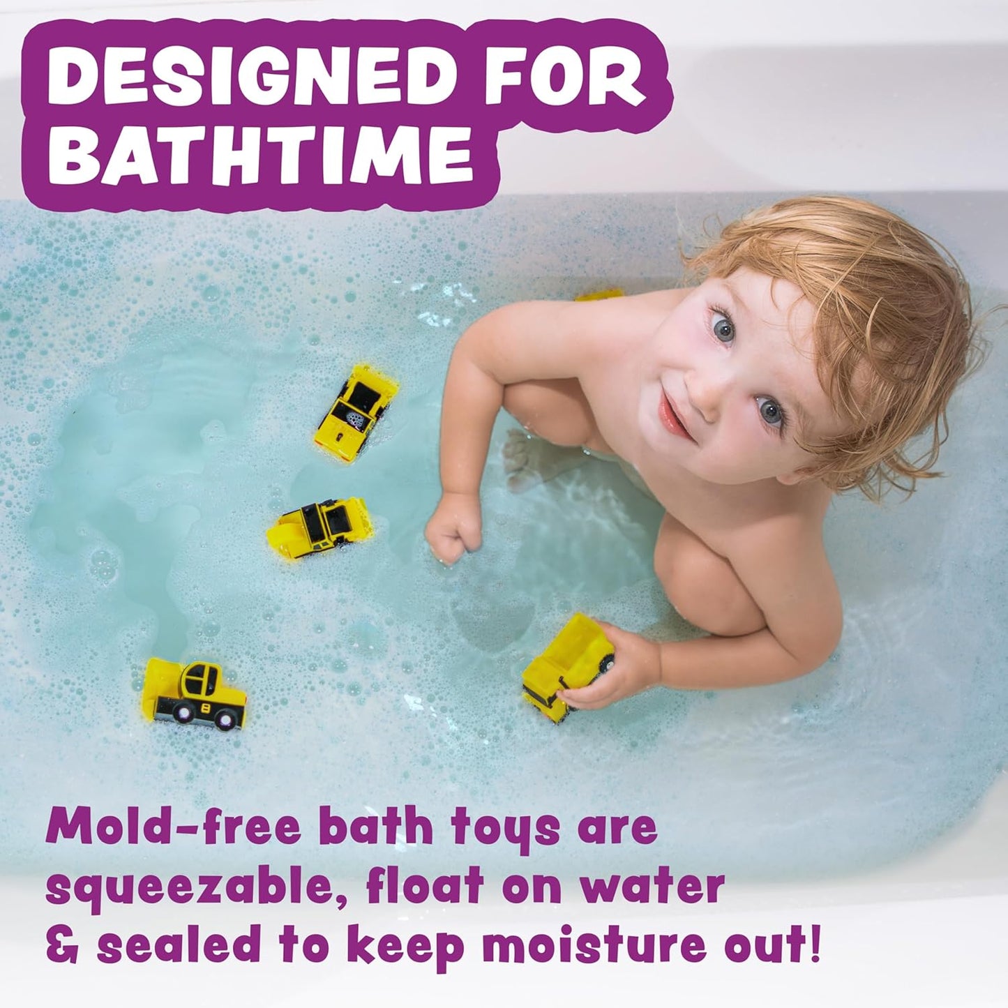 Tub Works® Construction™ Trucks Mold Free Bath Toys, 6 Pack | Sealed, No Hole Bath Toys Design Keeps Moisture Out | Soft, Squeezable & Float on Water | Baby & Toddler Bathtub Toys | Baby Pool Play