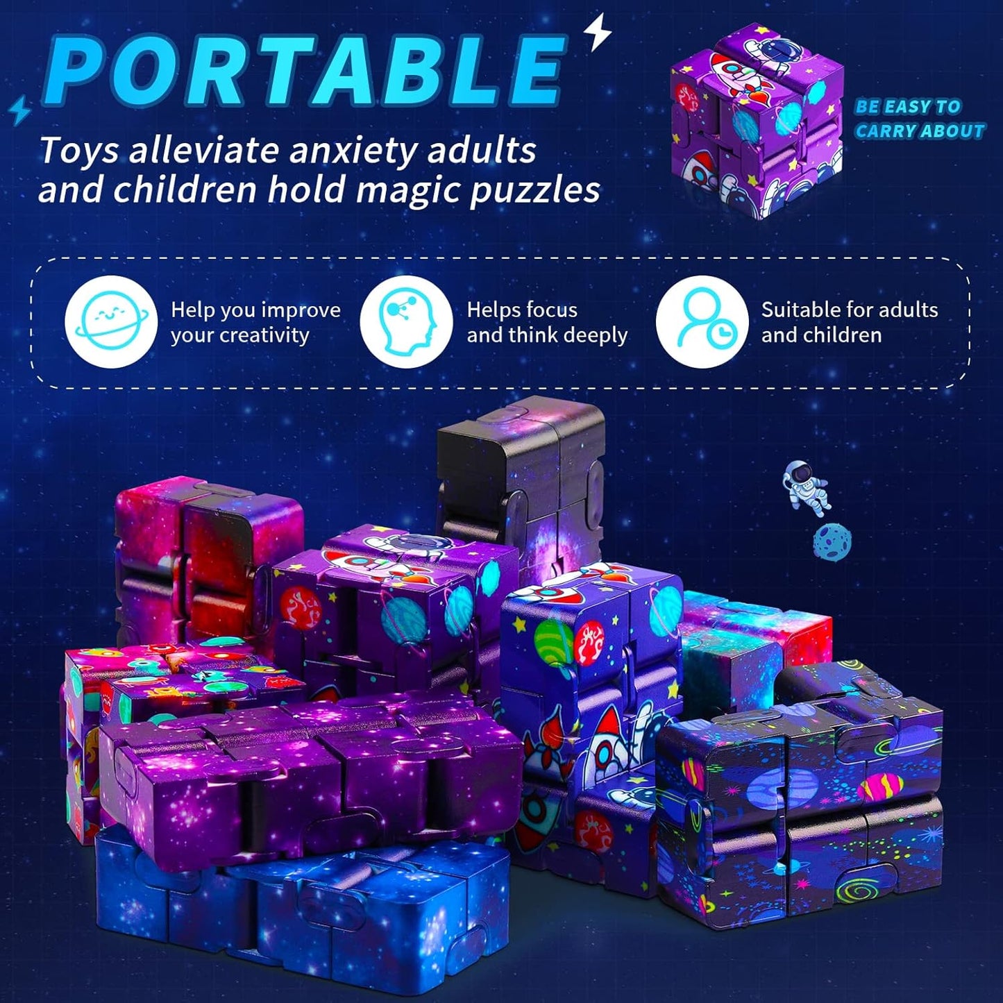 20 Pcs Galaxy Infinity Cube Toy Bulk with Drawstring Bag Mini Blocks Cube Gadget Sensory Toy Stress Anxiety Relief Magic Puzzle Flip Hand Held Fidget Blocks Party Stuffers for Kids Adults ADHD