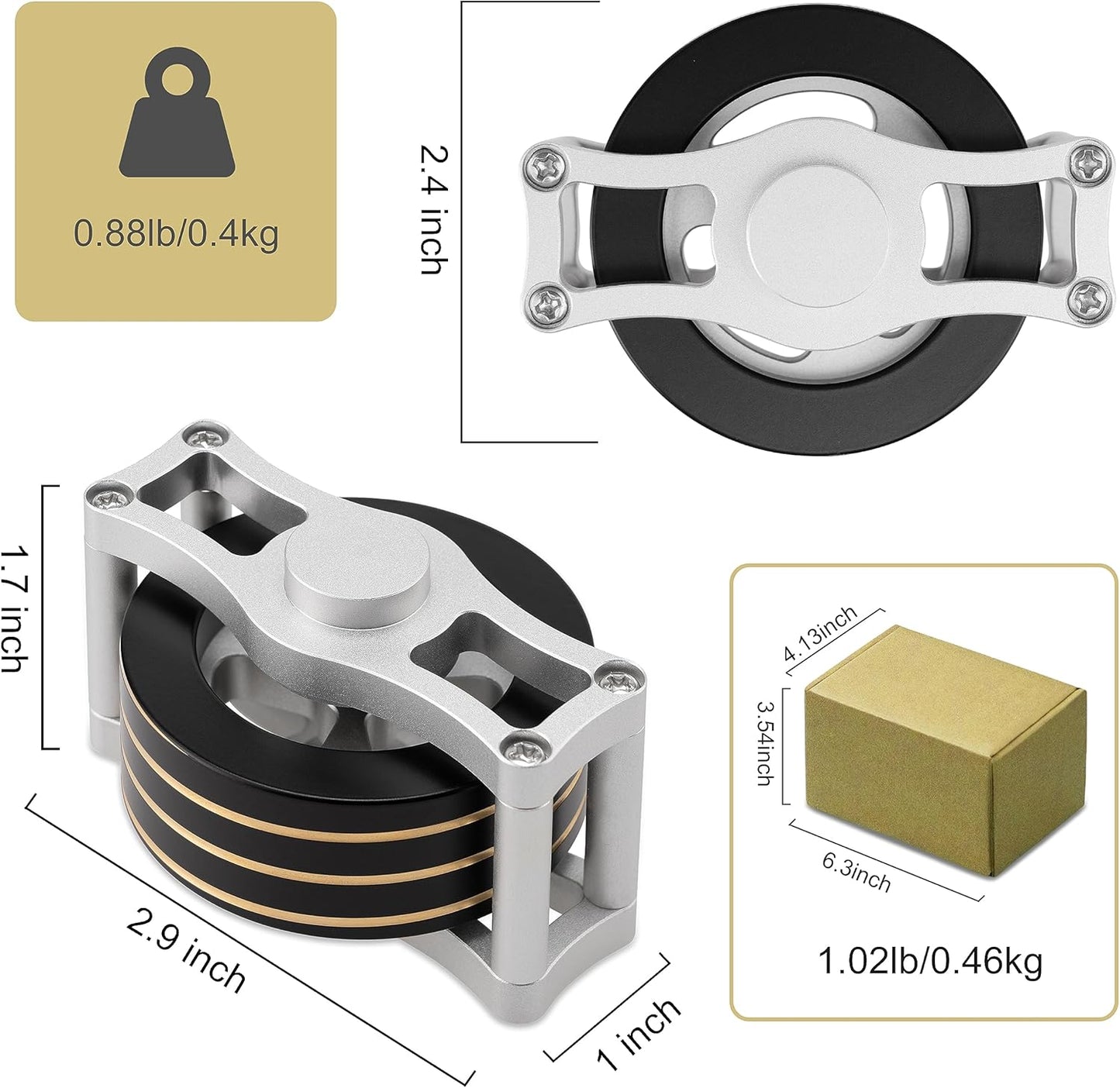 Brass Kinetic Spinning Top, Desk Fidget Toy for Adults, Stress Relief Toy for Office, Black