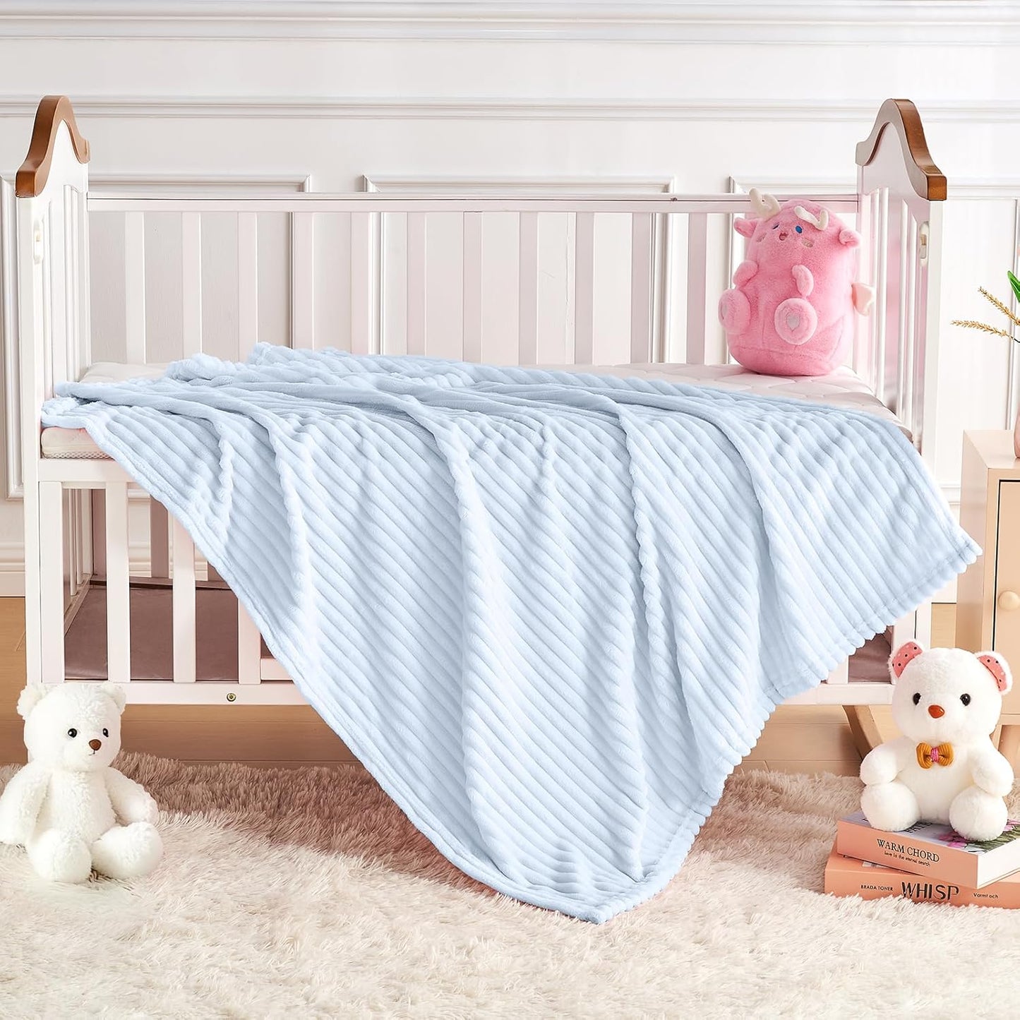 Soft Fleece Baby Blanket Ultra Cozy Blue Baby Blankets for Boys Warm and Lightweight Infant Toddler Newborn Receiving Gift with Reversible Stripes for Crib Stroller, 30x40 Inch, Light Blue