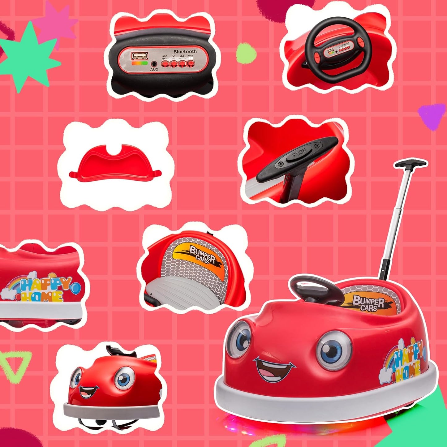 12V Dual Battery Electric Ride on Kids Bumper Car w/Remote Control,360 Degree Spin,Push Rod Rocker Horse Function,3-Speeds Babies & Toddlers Bumping Car Ride on Toy Gift for 1-4 Years Children (Red)