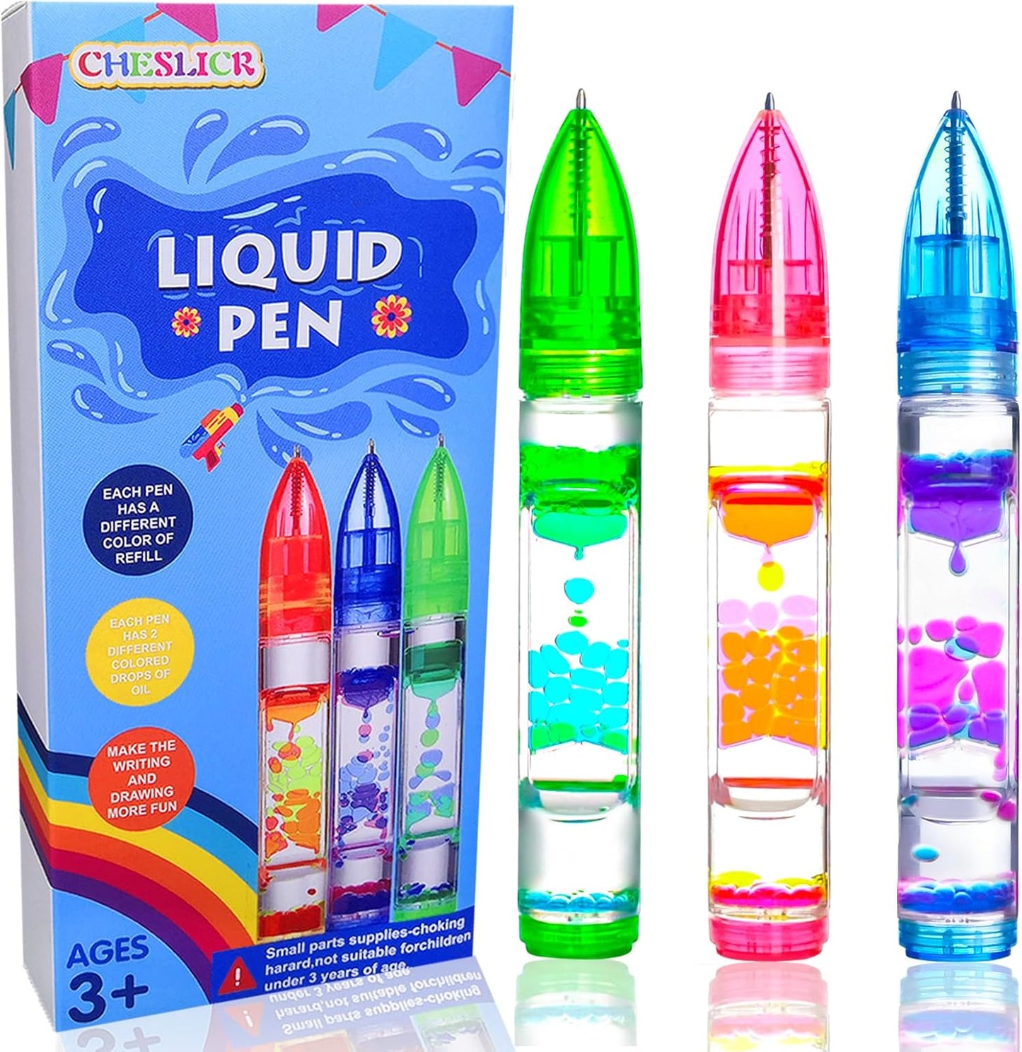 3PCS Liquid Pens Easter Basket Stuffers for Kids, Liquid Motion Bubble Fun Cool Pens Autism ADHD Anxiety Stress Relief Tools Quiet Fidget Sensory Autistic Toys Desk Toys Gift for Boys Girls