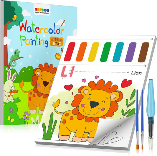TECJOE Paint with Water Coloring Books for Toddlers, A to Z 26 Pages Animal Watercolor Paint Set with 3 Brushes, Mess Free Painting Activity for Kids Ages 4 5 6 7 8, Christmas Gifts Arts & Crafts Toy