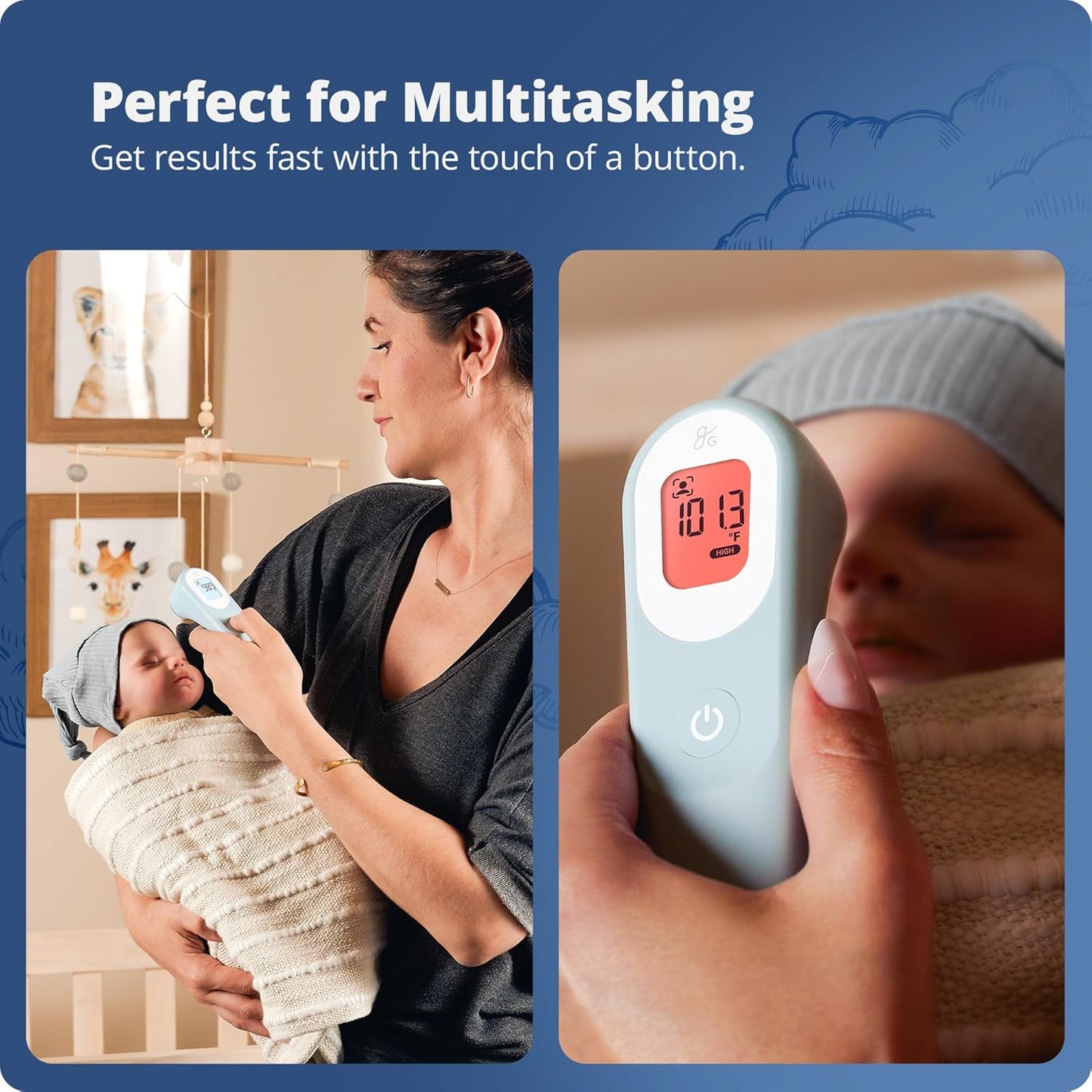Greater Goods No-Touch Infrared Digital Thermometer for Adults, Kids, and Babies, Forehead Thermometer with Ergonomic Grip, Fever Alarm, Powder Blue