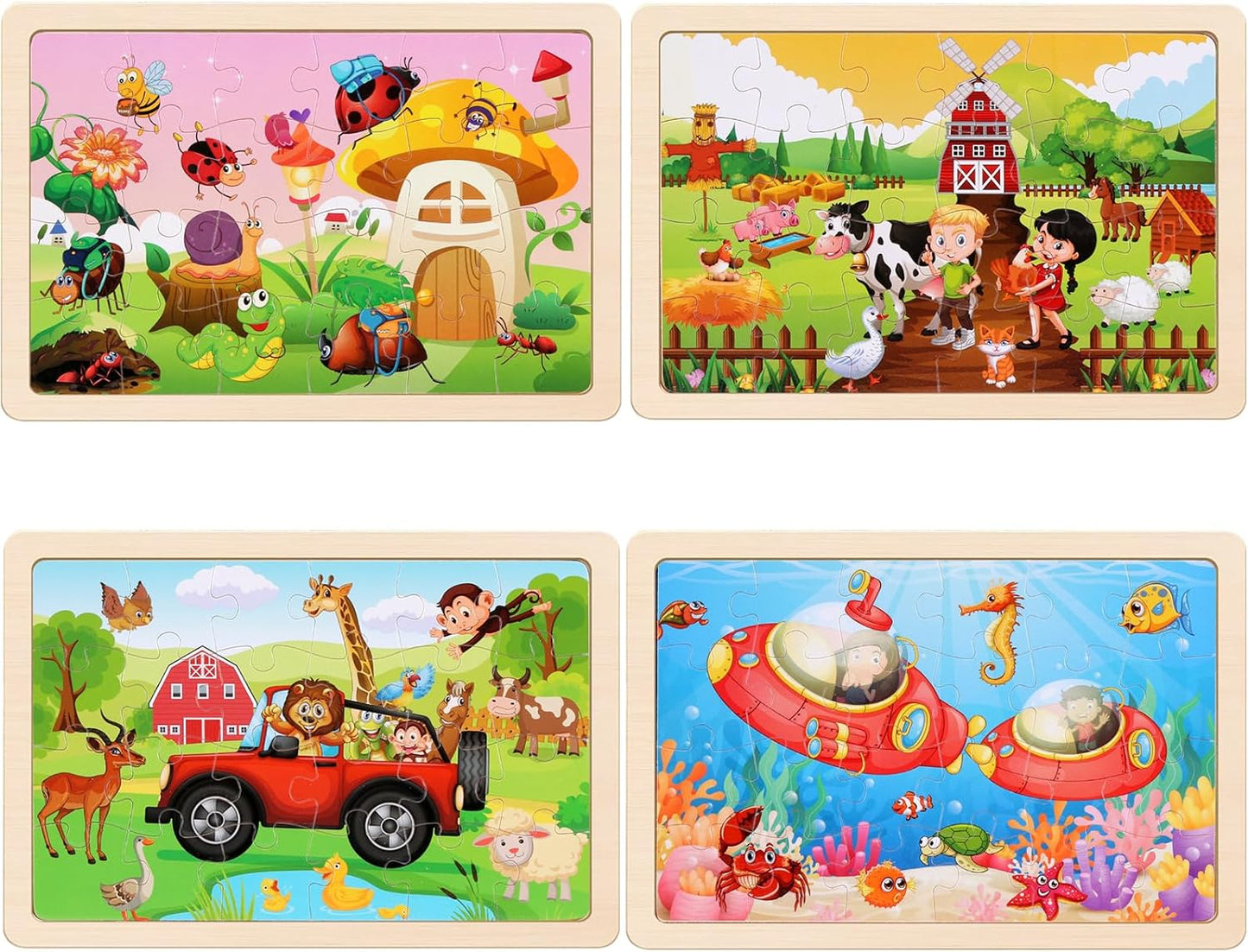 Wooden Puzzles Toys for Kids Ages 3-5, Set of 4 Packs with 20-Piece Farm, Animals Theme Wood Jigsaw Puzzles, Preschool Educational Brain Teaser Toys for Boys and Girls 3-6 Years Old.