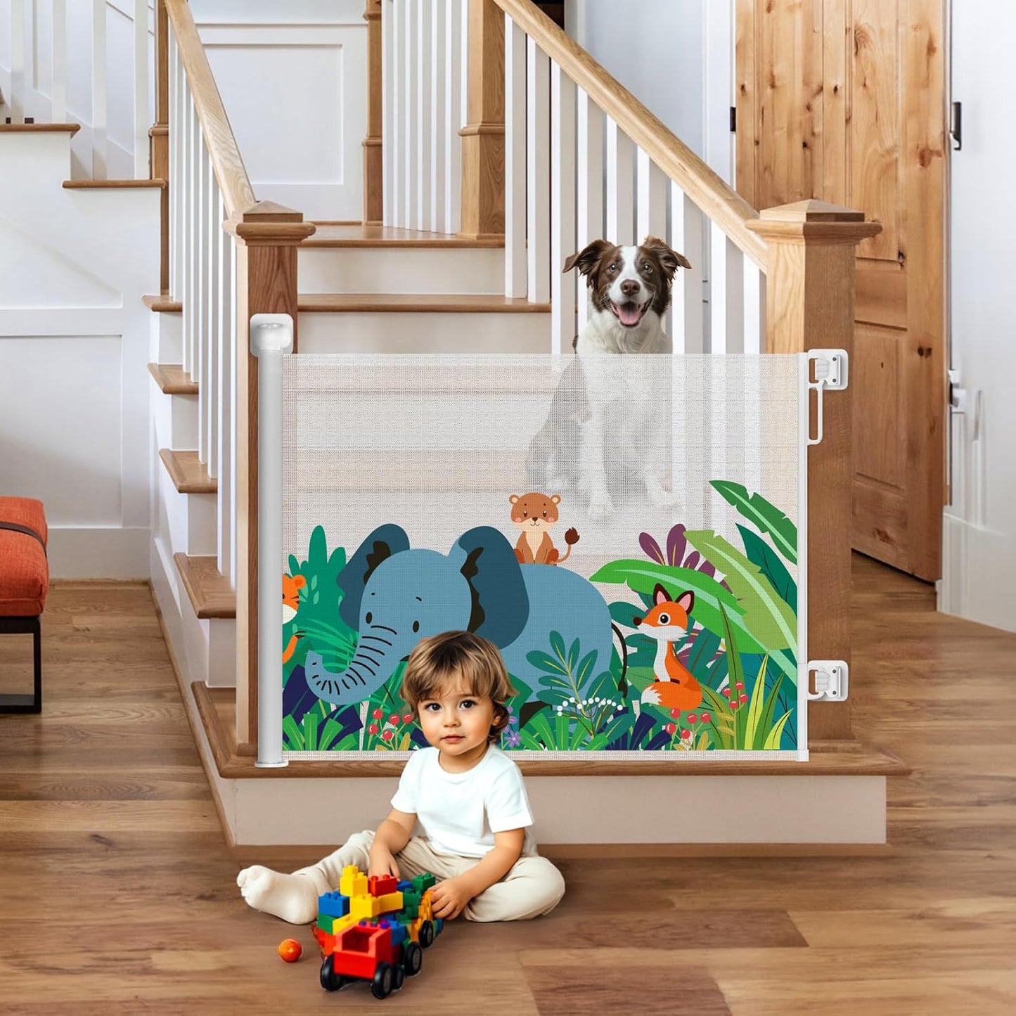 HOMEAL Retractable Baby Gates for Doorways & Stairs, Outdoor Indoor Retractable Mesh Gates for Baby & Dog, Extra Wide Child Safety Gate for Hallways, Deck, Porch, Patio(Zoo,Width Up to 55")