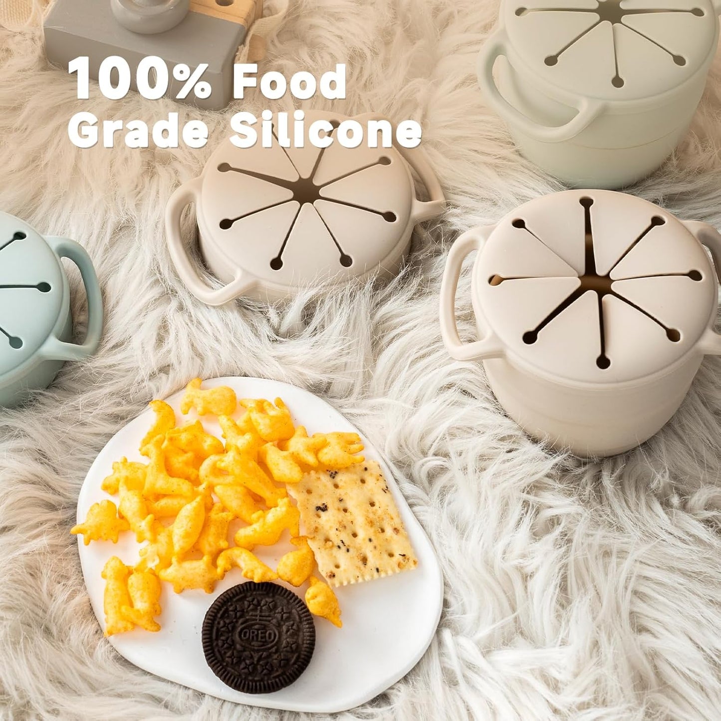Snack Cups for Toddlers Spill Proof,Baby Snack Containers,Collapsible Food Grade Silicone Snack Cup,Dishwasher Safe and BPA Free,Set Of 2,13 Oz,Grey