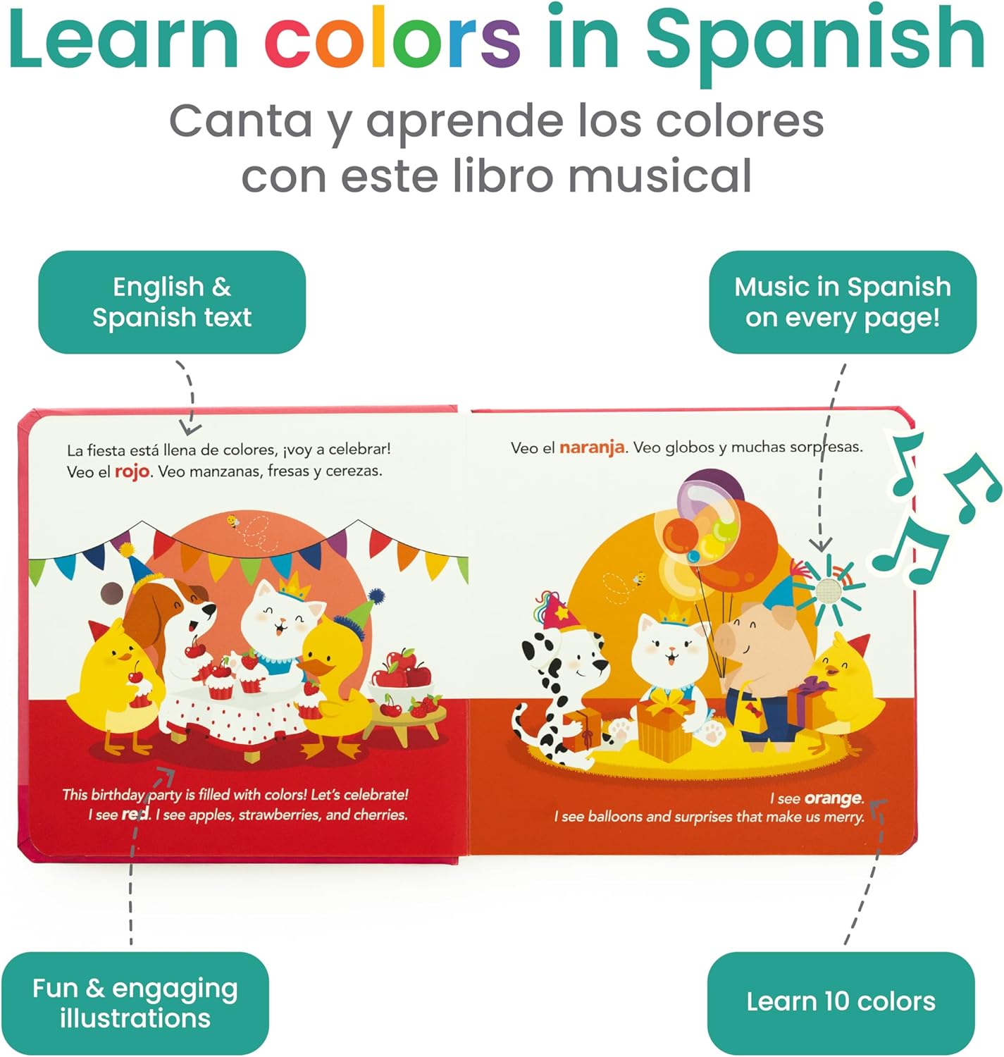 Binibi Spanish Musical Book Colors at The Birthday Party | Spanish Learning for Kids | Bilingual Children's Book | Bilingual Book for Babies & Toddlers 1-3 | Libro en español para bebés