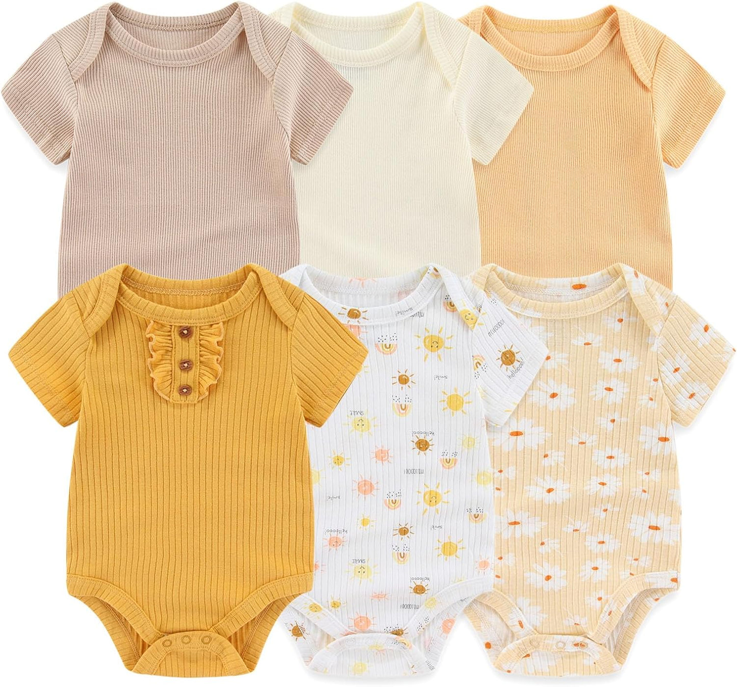 Baby Bodysuit 6 Pack Soft Mixed Ribbed Short Sleeve Romper Infant Boy Girl Clothes Set