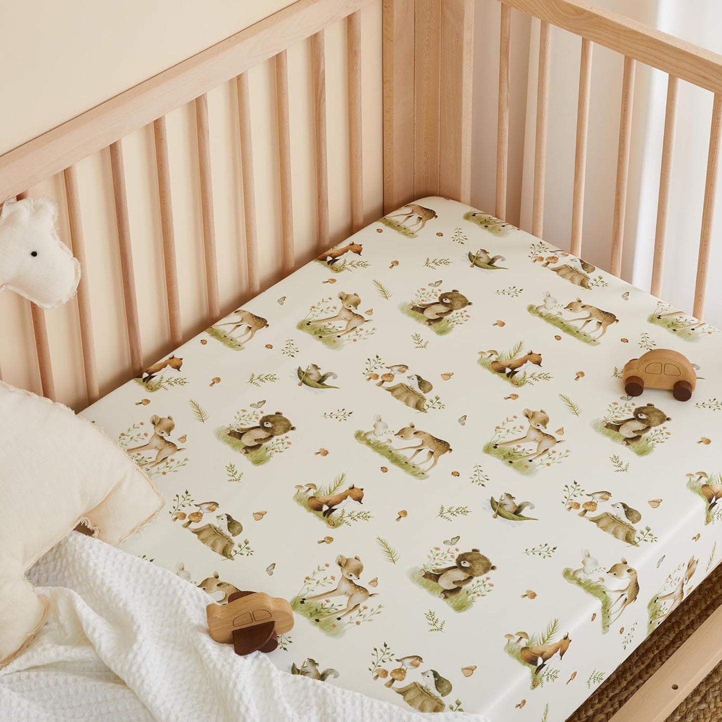 TILLYOU Baby Crib Sheets for Boys Girls, Super Soft Toddler Bed Sheets, 2 Pack Sheets for Standard Crib Mattress 28x52in, Playing in The Woods and Green