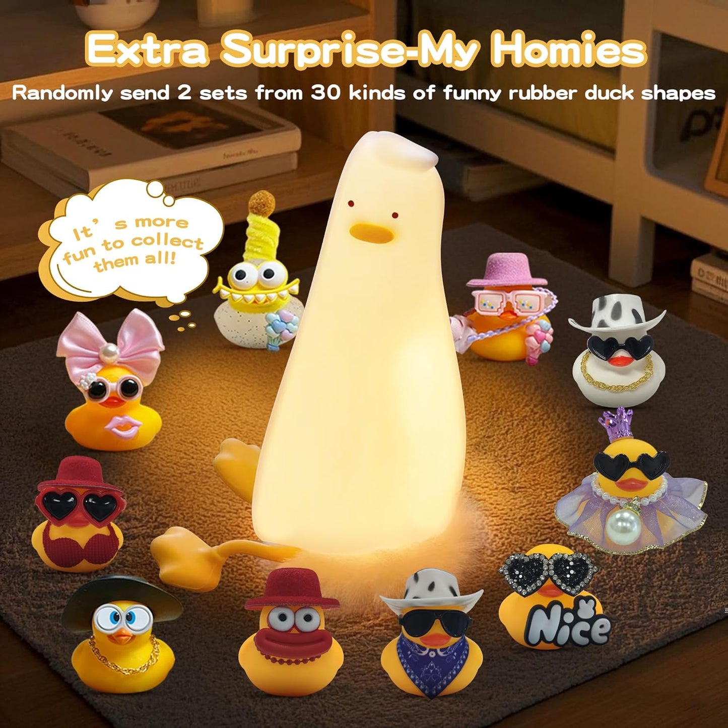 Cute Duck Night Light with Color Changing, APP/Tap Control Fun Lying Flat Ducky Lamp with Blind Box Gift,Soft Silicone Nursery Nightlight,Dimmable/Timing Bedside Touch Lamp,Baby Adults Kids Room Decor