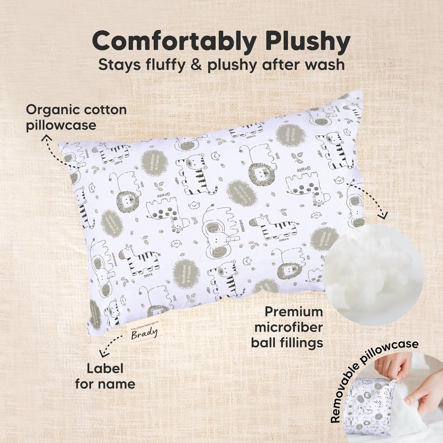 Mini Toddler Pillow with Pillowcase - 9x13 My Little Dreamy Travel Kids Pillow for Sleeping, Toddler Bed, Small, Tiny, Organic Cotton Pillowcase, Soft & Breathable, Kids 2-4 Years Old (KeaSafari)