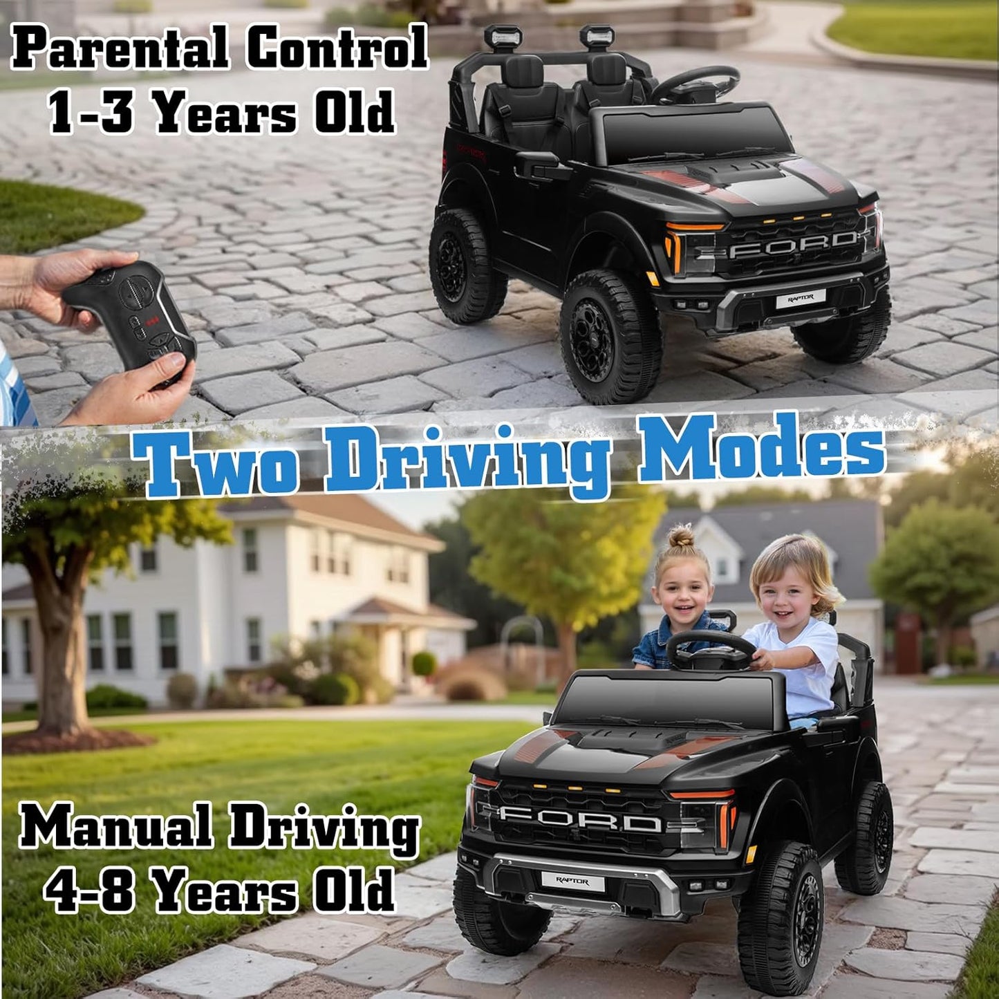 24V Ride on Car Licensed Ford F-150 Raptor, Kids Electric Car with Remote Control, LED Light/Music/MP3, Truck Bed Storage, 3-Point Seat Belt (24V, Black)