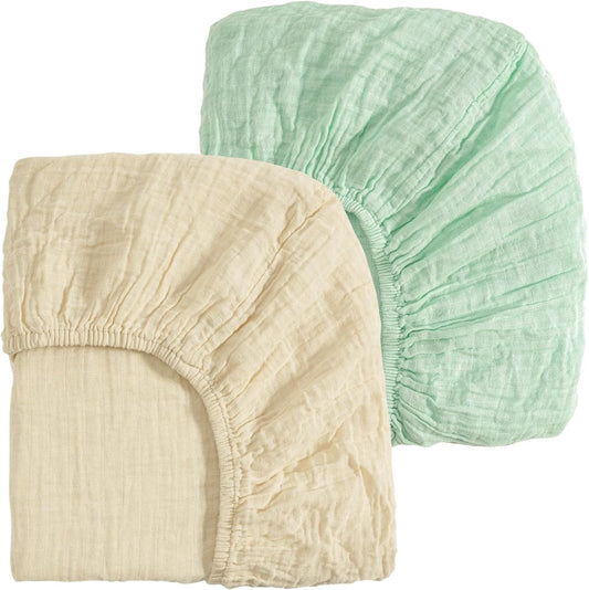 david's kids Muslin Mini Crib Sheets, 2 Pack Cotton Pack N Play Sheets for Boys Girls Neutral, Soft Breathable Baby Sheets Fit Pack N Play, Playard and Mini Crib Mattresses, Beige & Green