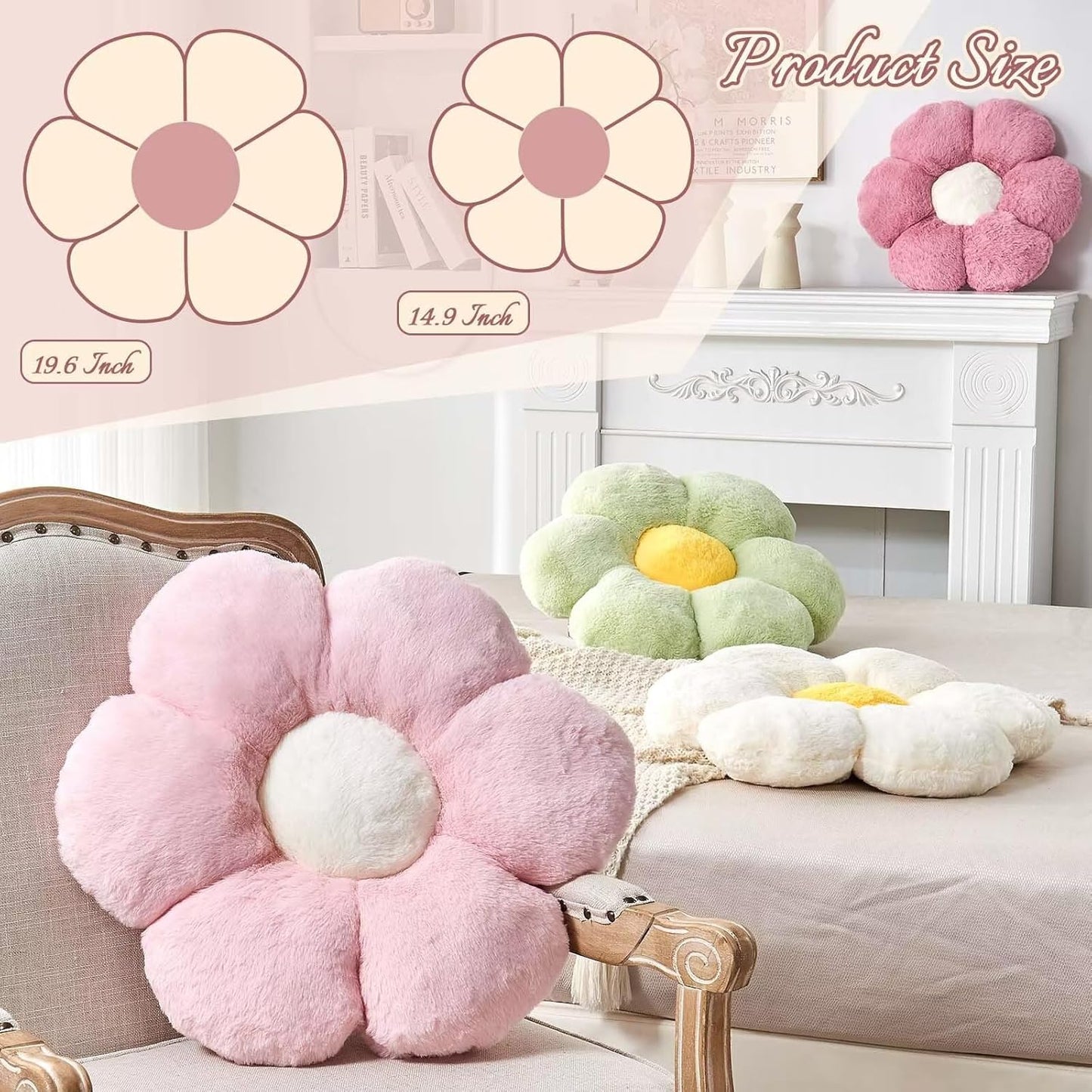 Royal Blue Flower Pillow, Cute Decorative Flower Shaped Throw Pillow with Faux Rabbit Fur, 14.9" Soft Flower Plush Throw Pillow Floor Pillows Room Décor for Bedroom Living Room