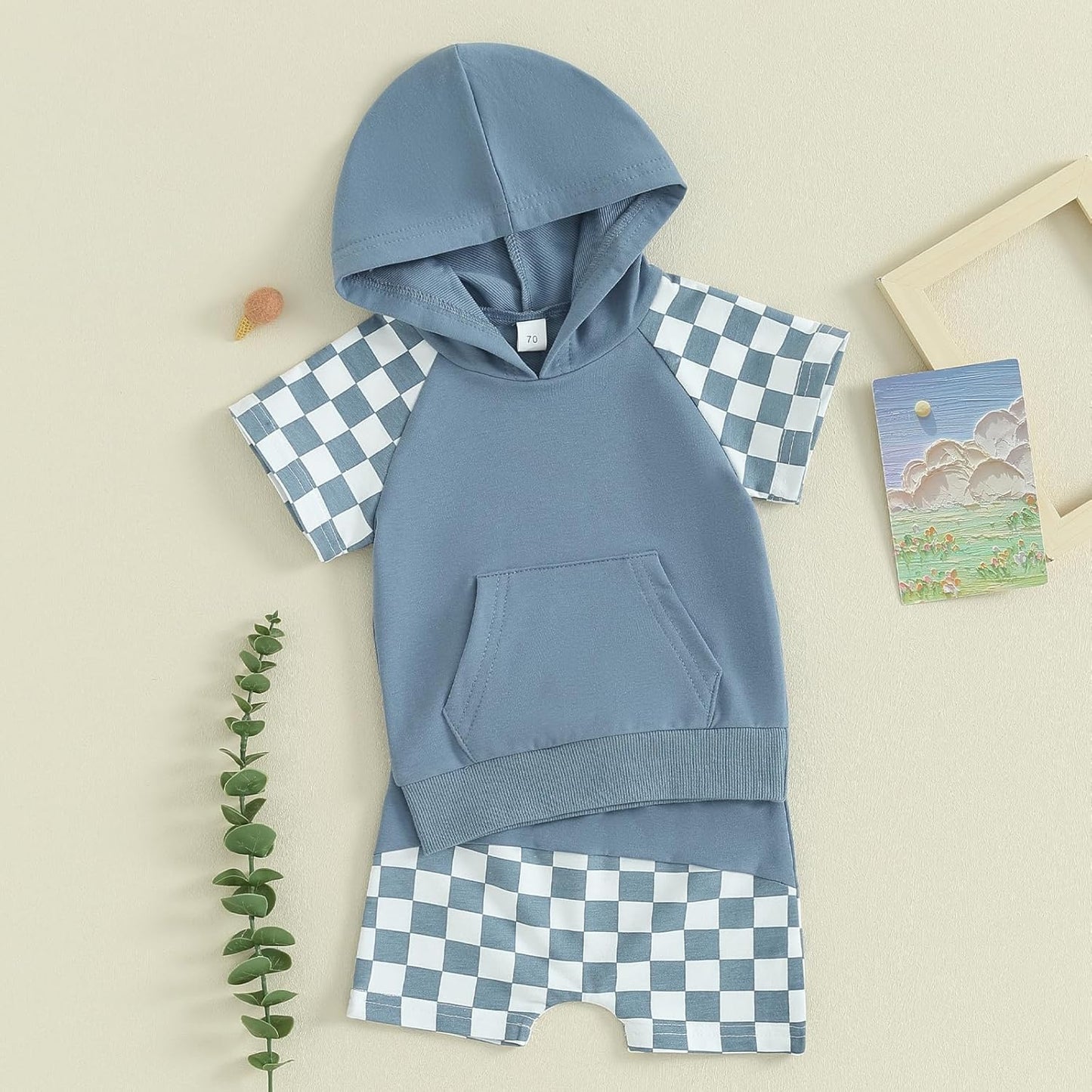 Toddler Baby Boy Summer Hooded Outfit Contrast Color Short Sleeve T Shirt Top Elastic Shorts Summer Clothes Set
