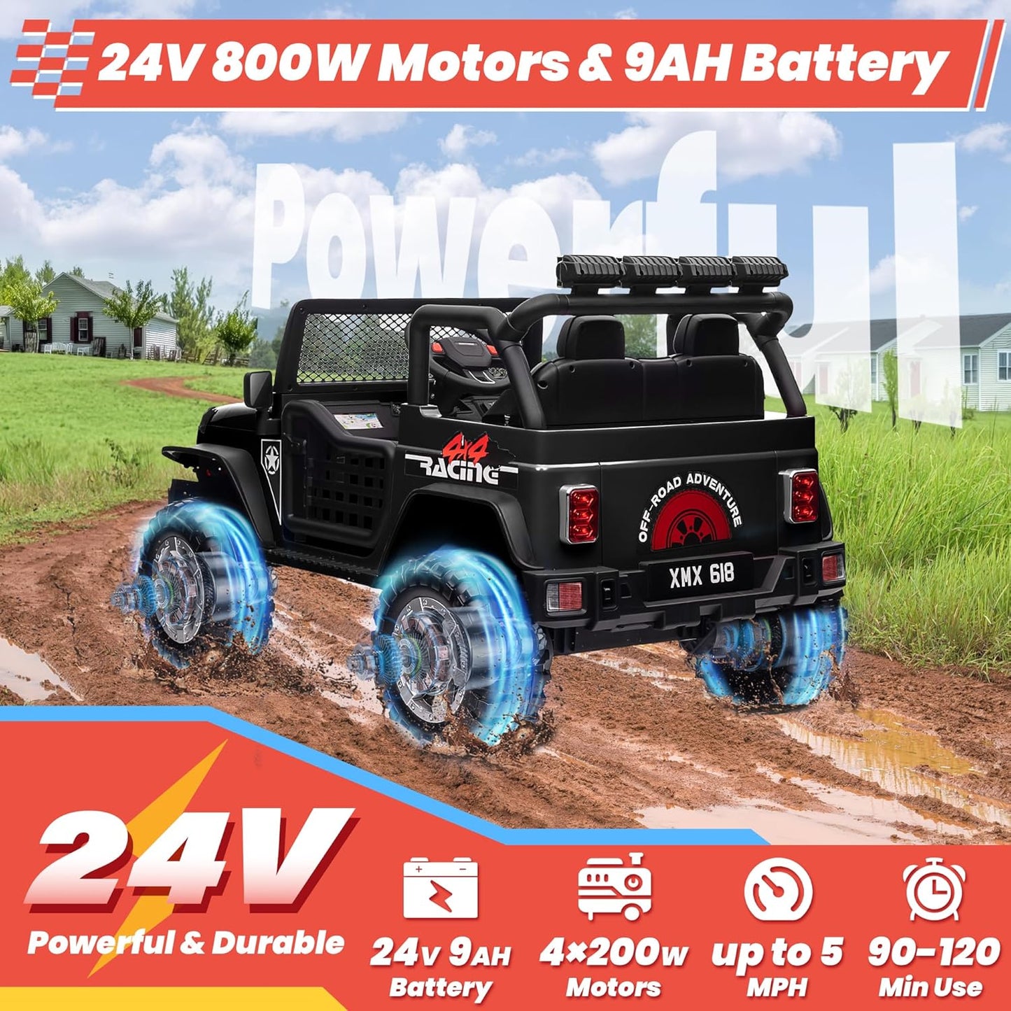 24V 4WD Ride on Truck Car w/800W Motors, Gift Flower, Remote Control, 2 Seaters, Light Bar, 3 Speeds, Pop Music, Power Four Wheels, 24 Volt Ride on Toy Car for Big Kids, Black