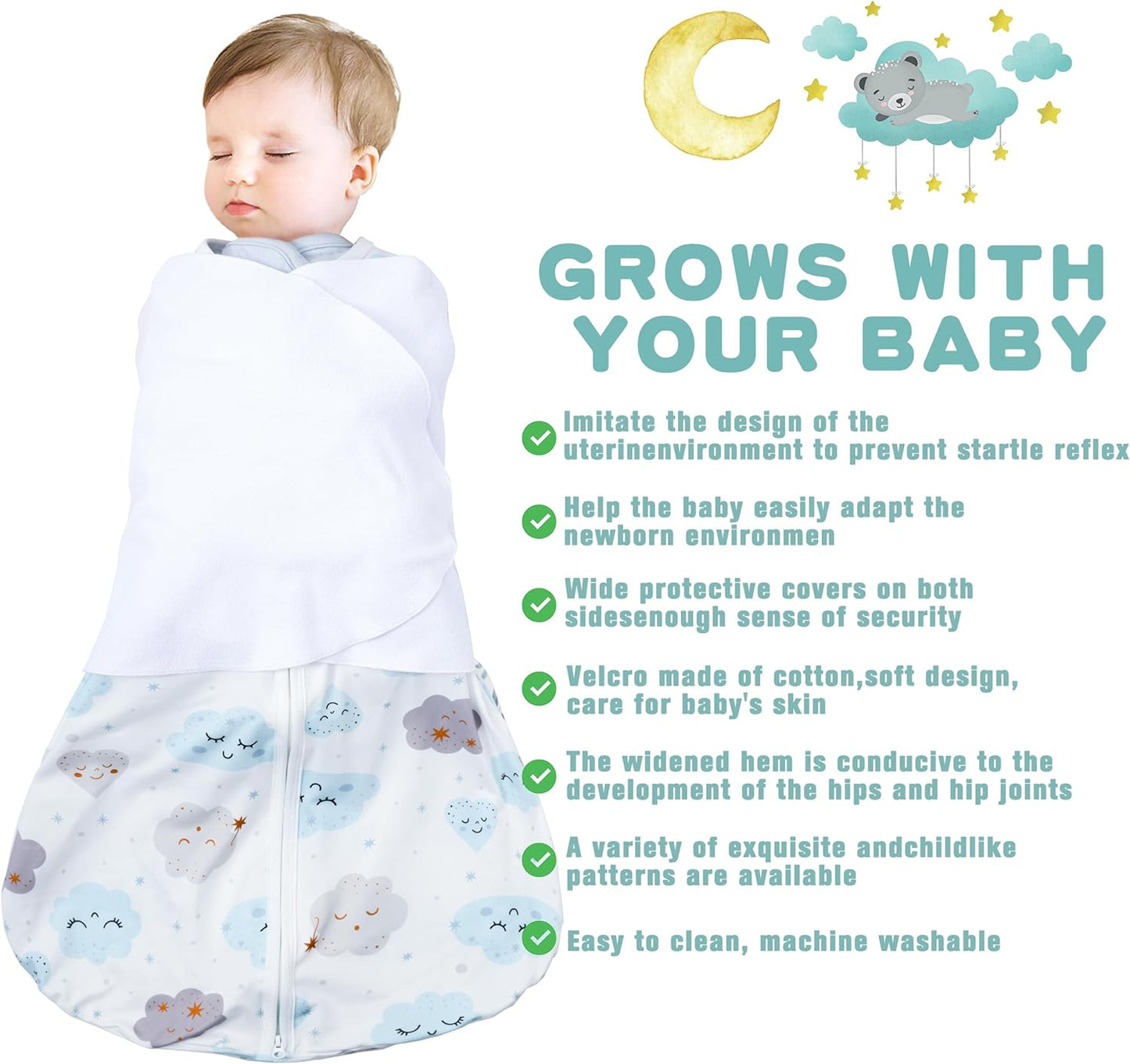 Newborn Sleep Sack Baby Swaddle,3-6 Months,3-Way Adjustable Wearable Blanket,100% Rayon Cotton Swaddling Sleeping Bag，TOG 0.5（Clouds&Starry Sky）