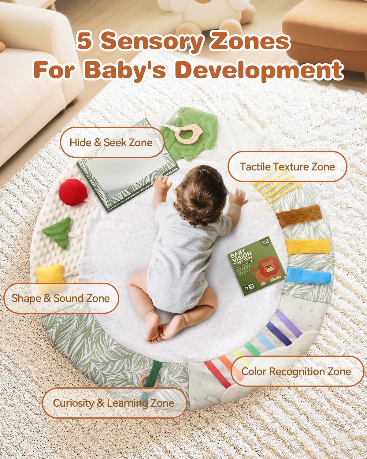 Wooden Baby Play Gym & Tummy Time Playmat – Montessori Sensory Activity Mat with 6 Developmental Toys for Fine Motor Skills – for Newborns to Toddlers (0–12M+)