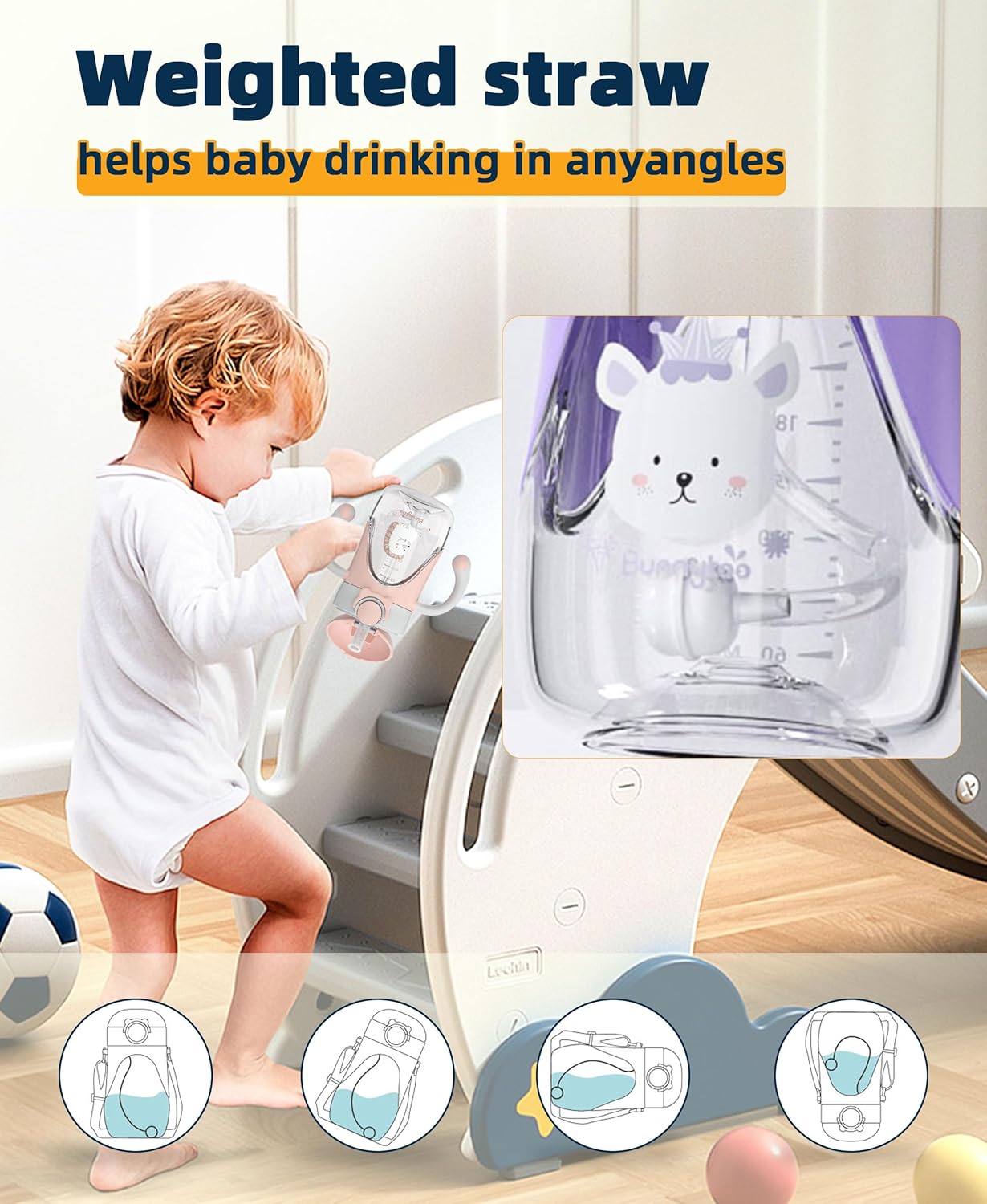 Bunnytoo Baby Sippy Cup with Weighted Straw for Infants 6-12 Months, 8oz Toddler Drinking with Handles, BPA-Free, Transition Trainer for 1+ Year Old (Purple)