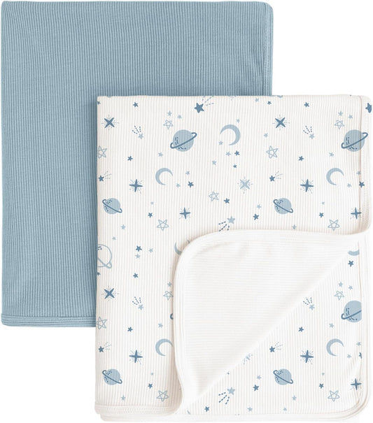 Konssy Knit Baby Blanket 2 Pack, Soft Ribbed Swaddle Receiving Blankets for Boys & Girls, Lightweight Cozy Swaddling Wrap for Newborns, Infants, & Toddlers, 33x42 Inch (Star,Blue)