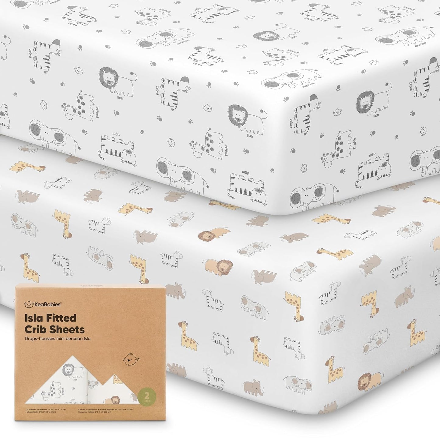 KeaBabies 2-Pack Baby Crib Sheets for Boys, Girls - 52x28 Viscose Derived from Bamboo Toddler Bed Sheets Neutral, Fitted Crib Mattress Cover for Standard Baby Bedding, Soft & Cozy (KeaSafari)