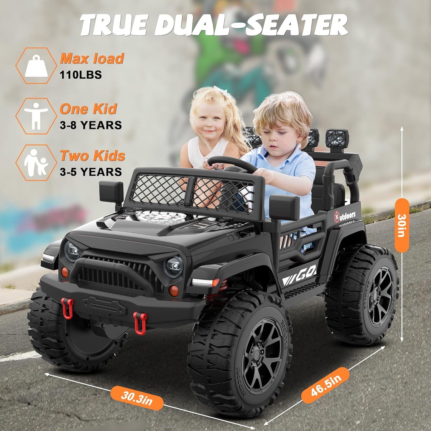 ANPABO 24V 2 Seater Ride On Car for Kids w/EVA Tires, 4X200W Motors, 4 Shock Absorbers, 2.4G Remote Control, Bluetooth Radio, LED Headlights & Searchlights, Electric Car for Kids Ages 3-8, Black