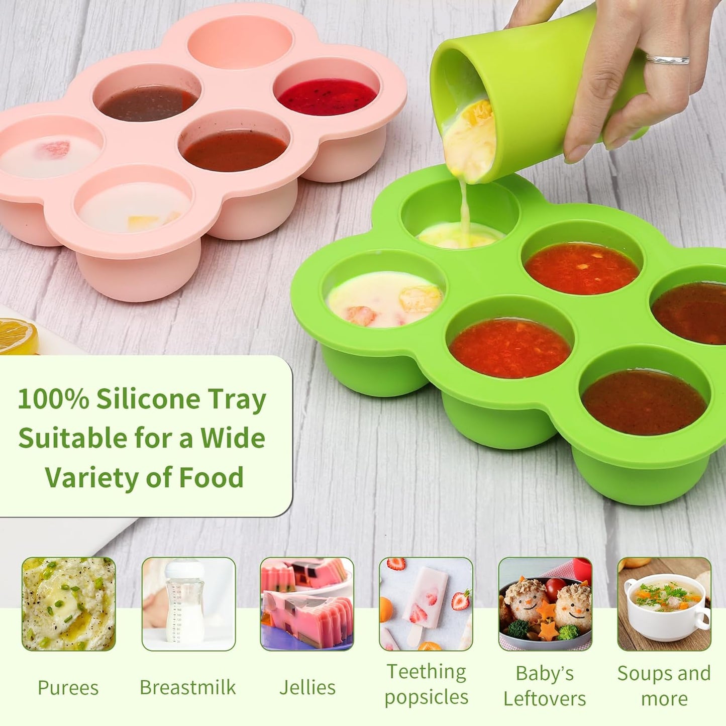 Baby Silicone Freezer Tray with Clip on Lid, 6 x 3 OZ Baby Silicone Freezer Molds, Silicone Storage Container for Homemade Baby Food, Fruit Purees & Vegetables (Bright Green)