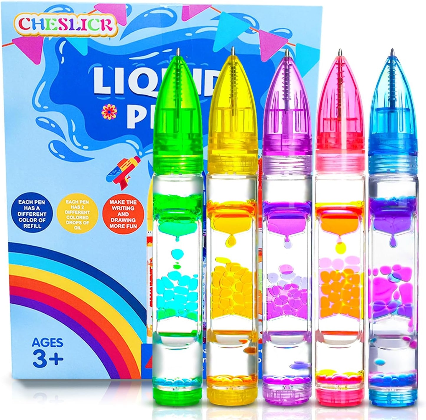 5PCS Liquid Pens Easter Basket Stuffers for Kids, Liquid Motion Bubble Fun Cool Pens Autism ADHD Anxiety Stress Relief Tools Quiet Fidget Sensory Autistic Toys Desk Toys Gift for Boys Girls