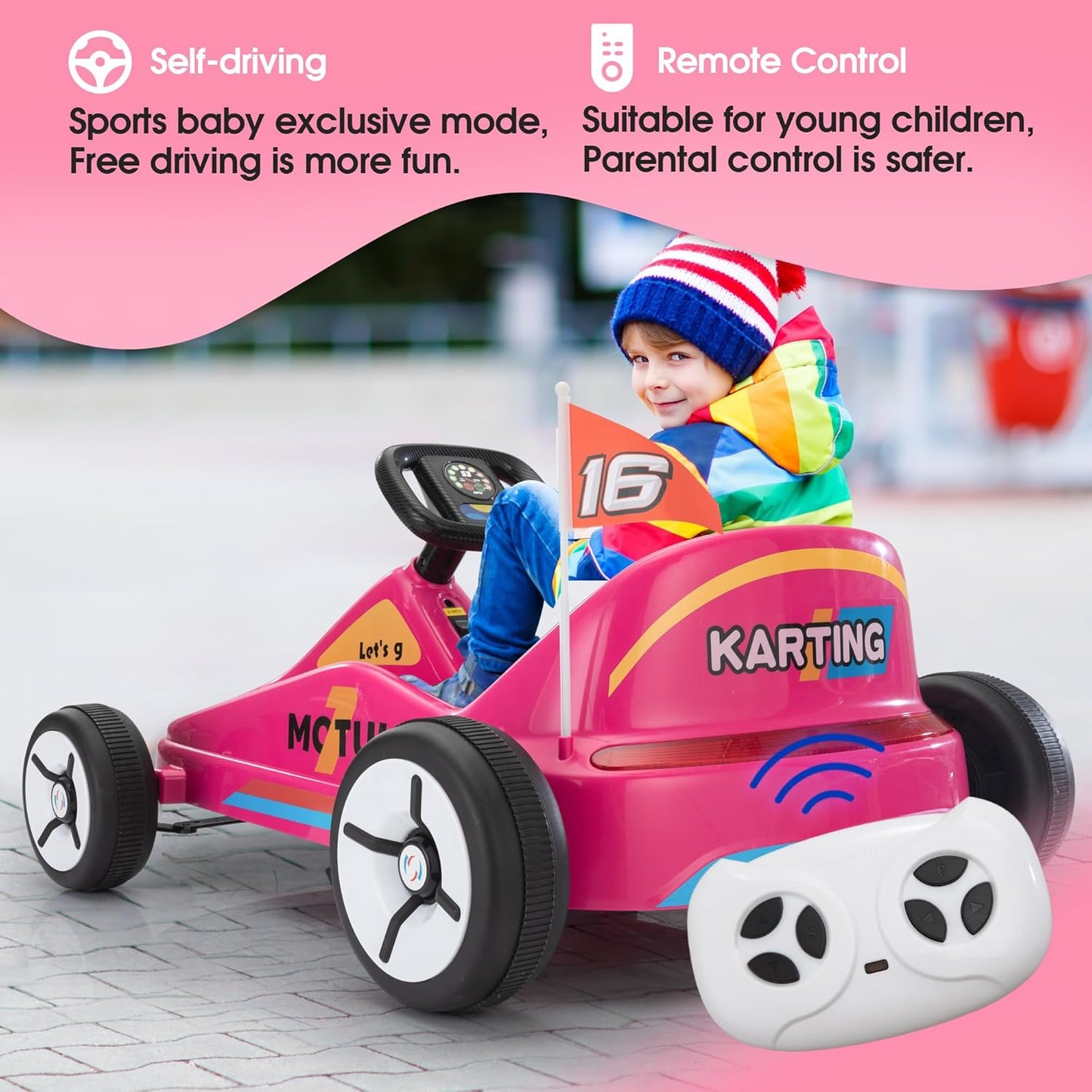 TOBBI 12V Electric Go Kart for Kids Battery Powered Ride on Car Outdoor Race Toy with Remote Control, Safety Belt, Music, LED Lights and Flags for Toddlers 3-8 Years, Pink