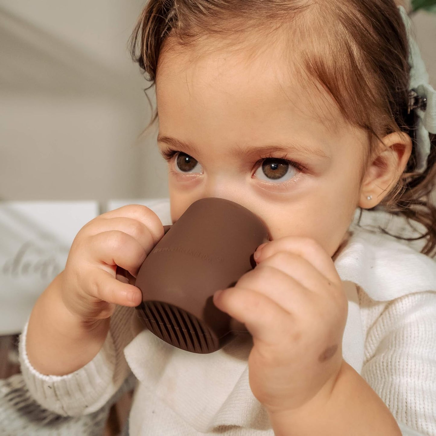 | Teenie Tiny™ Silicone Developmental Baby-Led Weaning Drinking Cups (2 pack) (Warm Taupe and Blue Fusion)