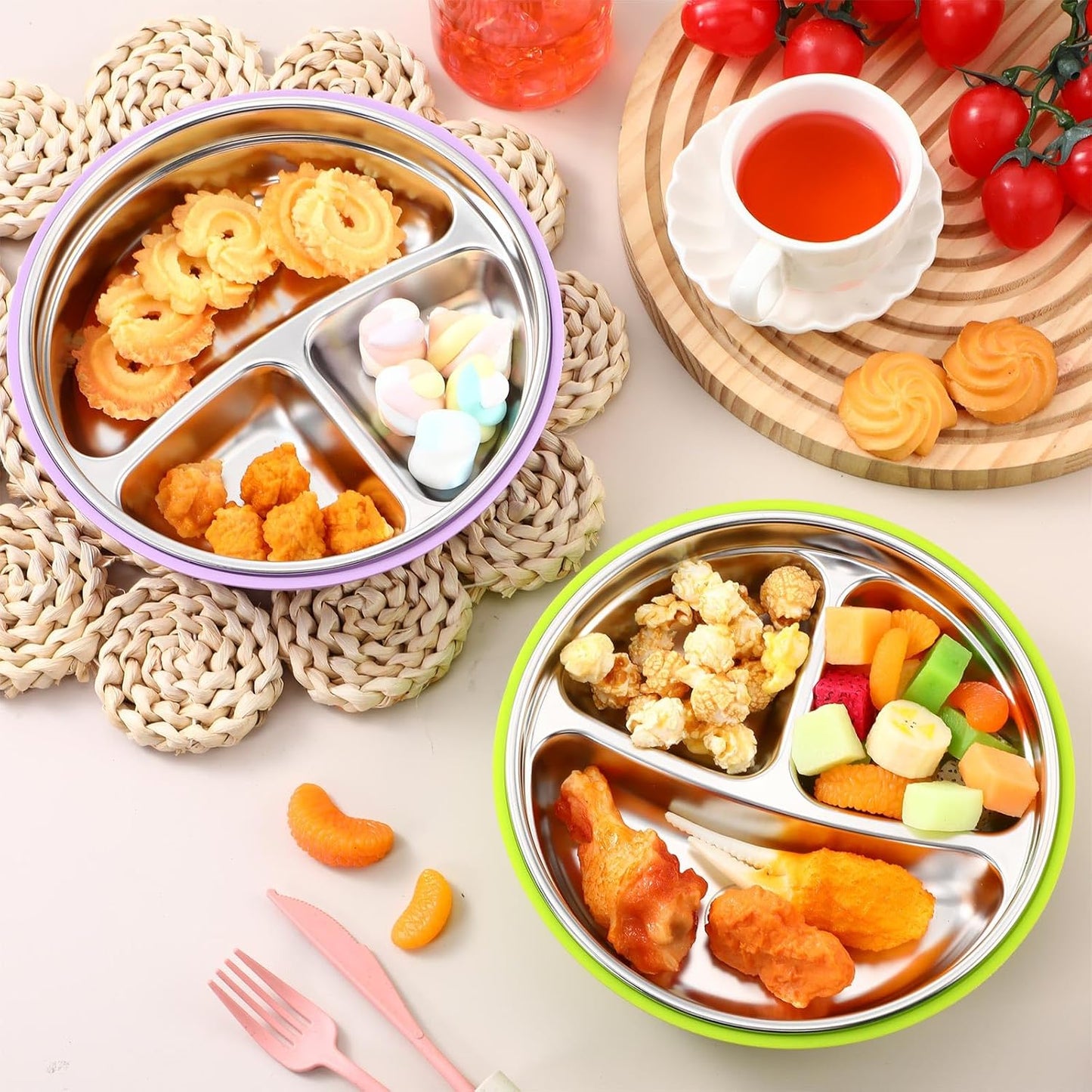 Nuogo 2 Pcs Stainless Steel Baby Suction Plates with Removable Silicone Shell 2-in-1 Metal Toddler Bowl Divided for Picky Eaters Kids Feeding Led Weaning Supplies, Dishwasher Safe (Purple,Green)