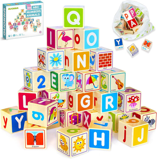 QUOKKA Wooden Blocks for Toddlers 1-3 - 26 ABC Learning Baby Blocks for Kids 3-5 Year Olds Stacking Alphabet Wood Toys for 2-4 yo - Educational with Letters Numbers