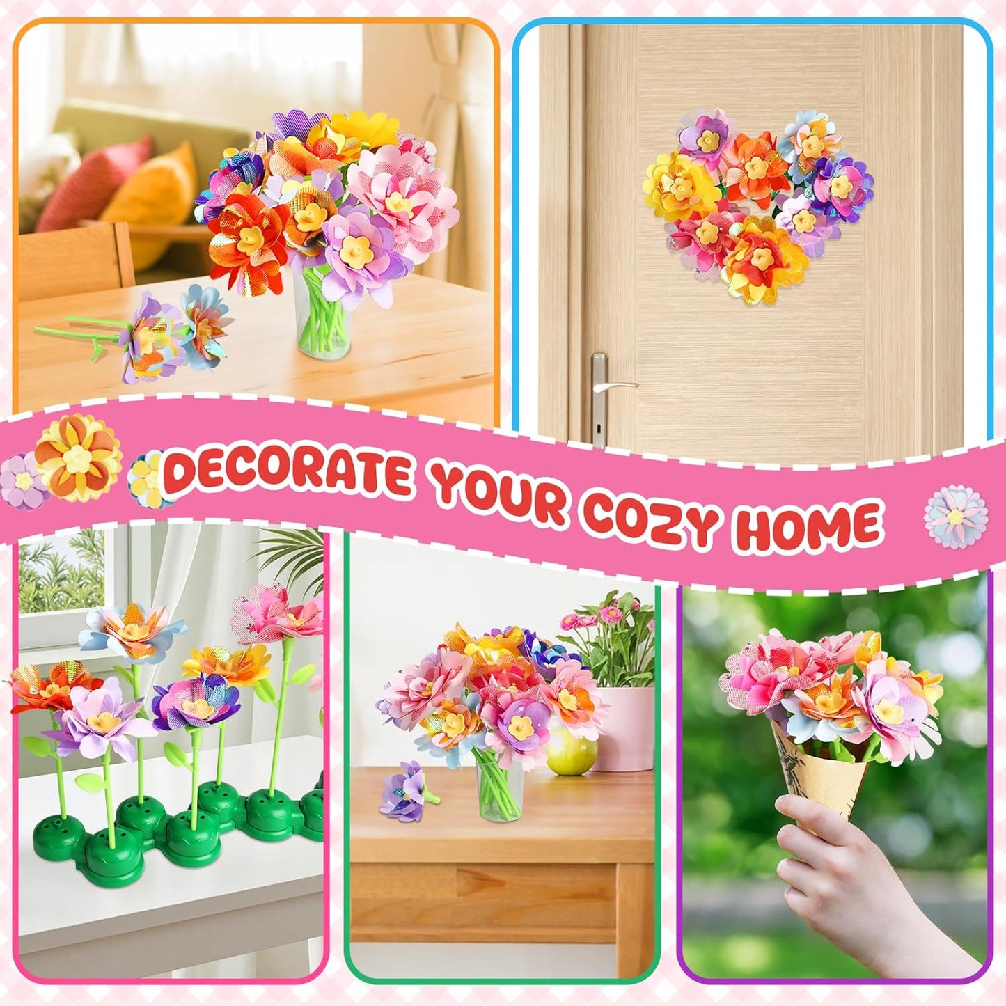 Einailvk Fabric Flower Bouquets Toys, DIY Flower Making Kit for Kids 3 4 5 6 7 8 9 10 11 12 Year Old Girl Birthday Christmas Gift, Art and Crafts Kit Toys for Girls 4-6 6-8 8-12 Year Old (RED)