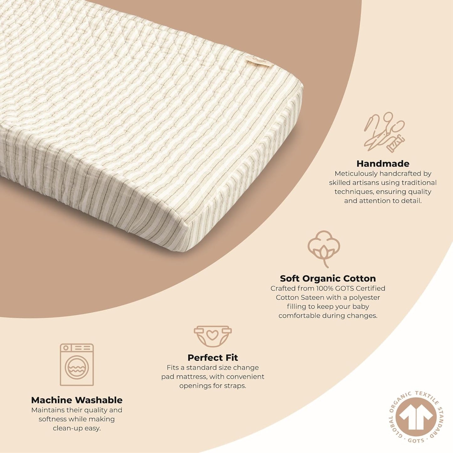 Crane Baby 100% Organic Cotton Change Pad Cover, Neutral Stripe Pattern for Boys, Girls, Unisex, Ultra-Soft GOTS Certified Cotton Cover, Perfect Registry Gift