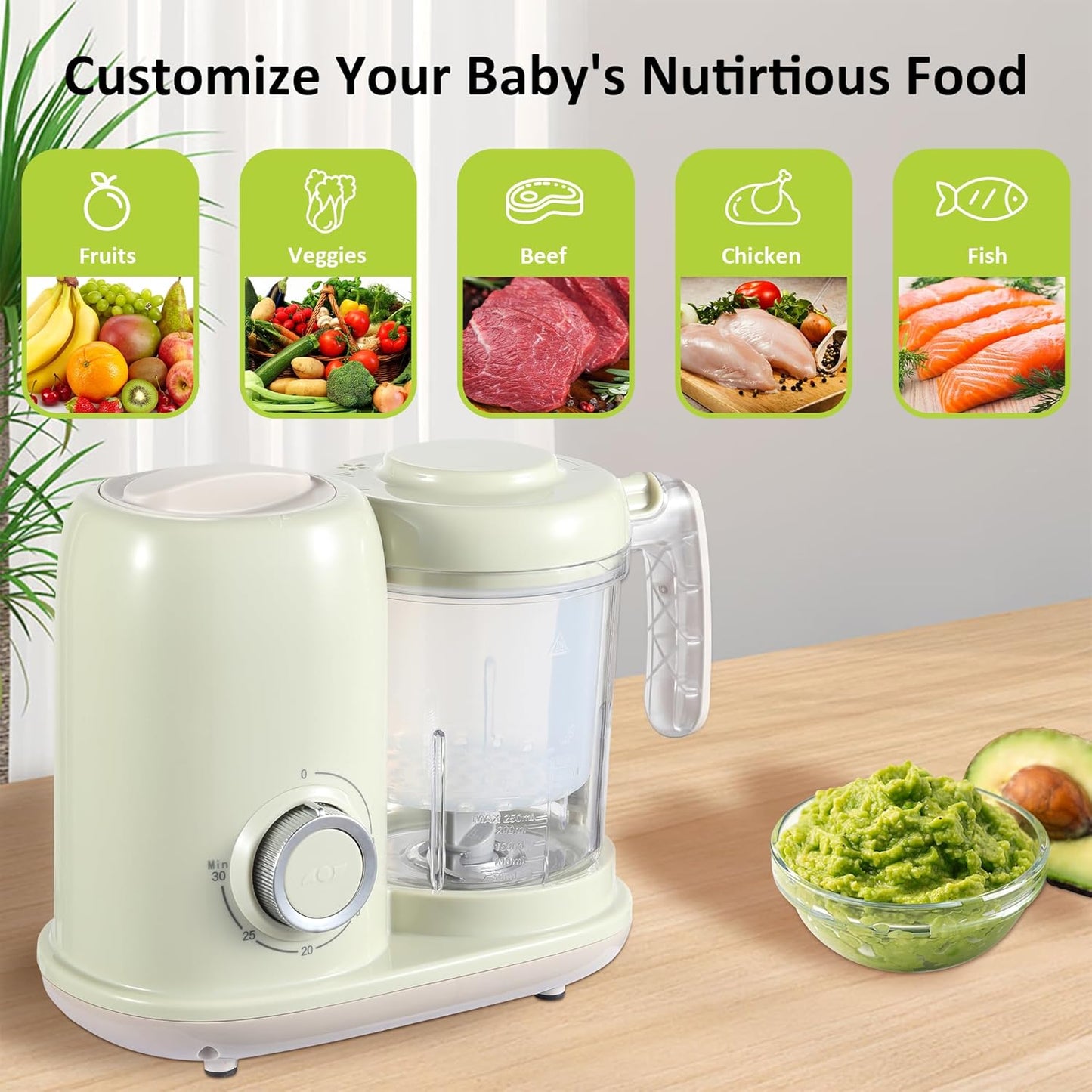 Baby Food Maker, 4 in 1 Baby Food Processor and Steamer, Puree Blender, Multifunctional Baby Puree Maker, Dishwasher Safe (Green)