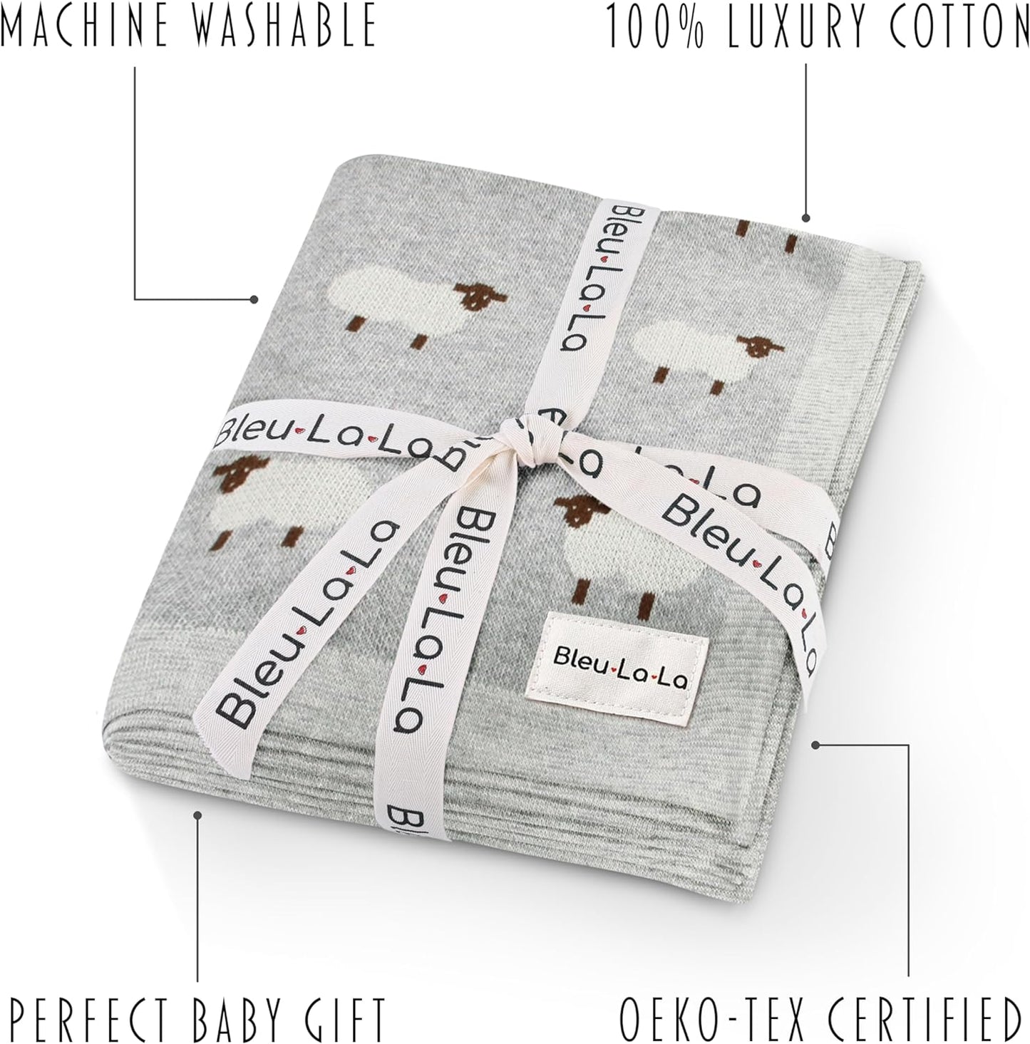 Knit Baby Swaddle Blanket - 100% Cotton Soft Cozy Lightweight Unisex Receiving Swaddling Crib Stroller Quilt Blanket for Shower Gift Registry for Newborns Infants & Toddlers (Sheep - Grey)