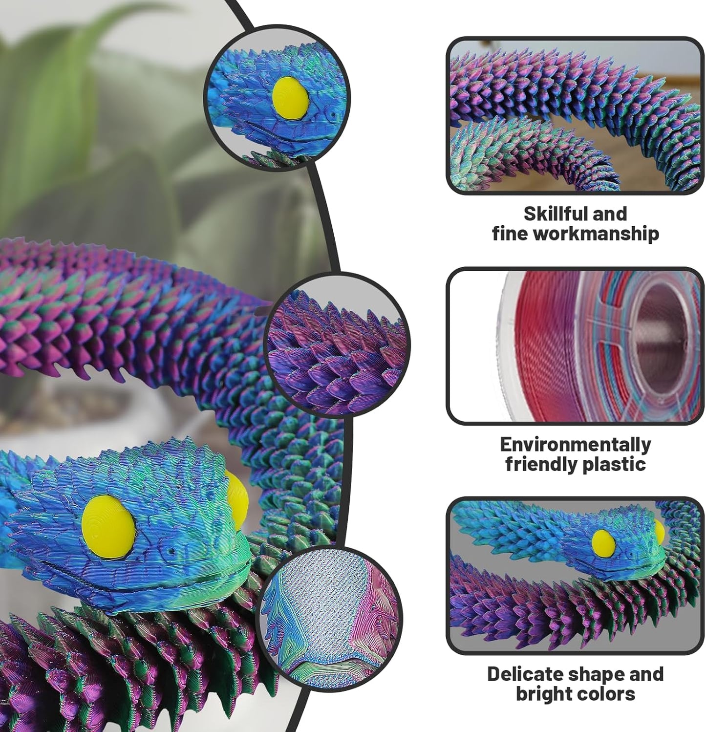 3D Printed Snake Animals Toys, 3D Printed Flexible Snake Fidget Toys Articulated Snake Home Office Decor Executive Desk Toys