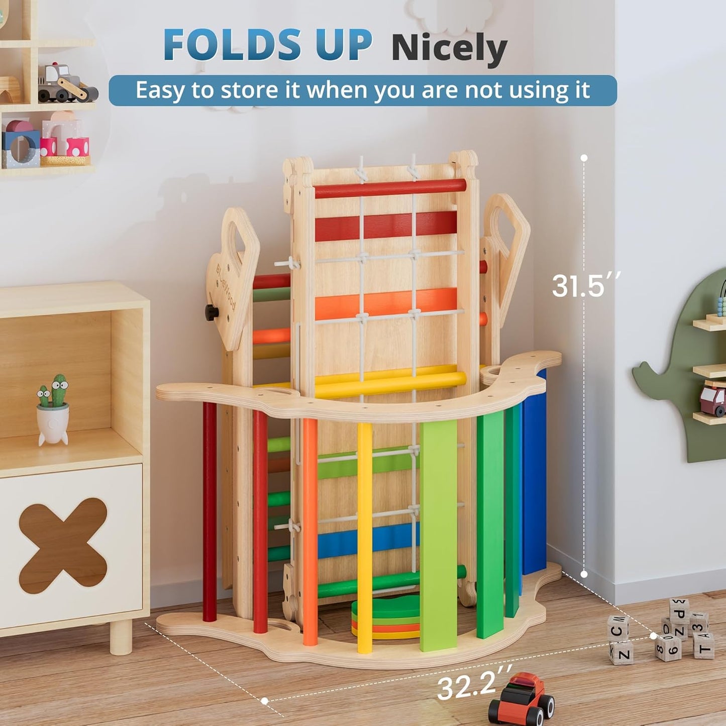 BlueWood 10-in-1 Pikler Triangle Set, Toddler Climbing Toys Indoor, Montessori Climber, Baby Jungle Gyms with Arch, Extra Rope Ladder & Footprint Balance Beam - Neon Aurora