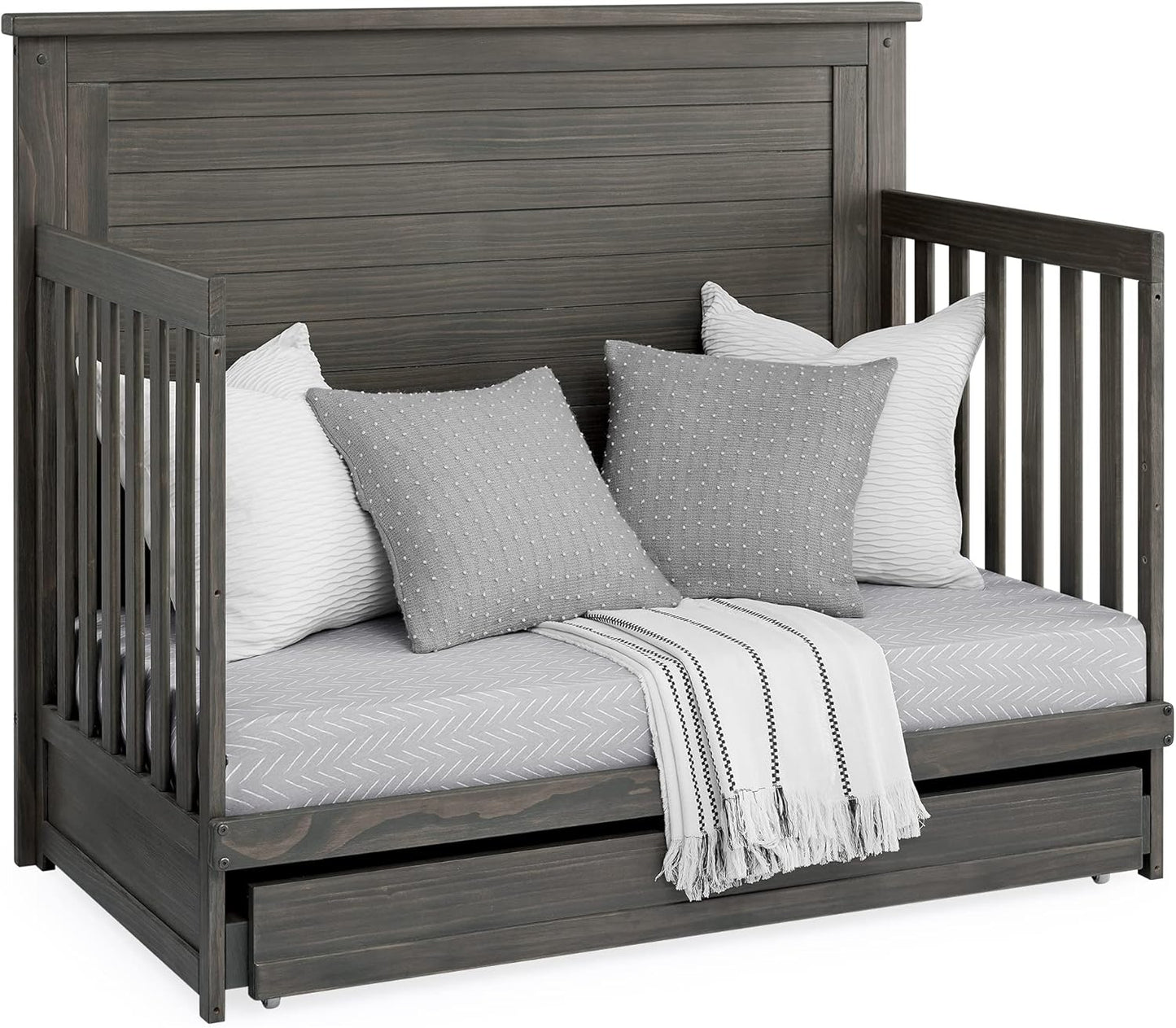 Delta Children Simmons Kids Caden 6-in-1 Convertible Crib with Trundle Drawer, Greenguard Gold Certified, Rustic Grey