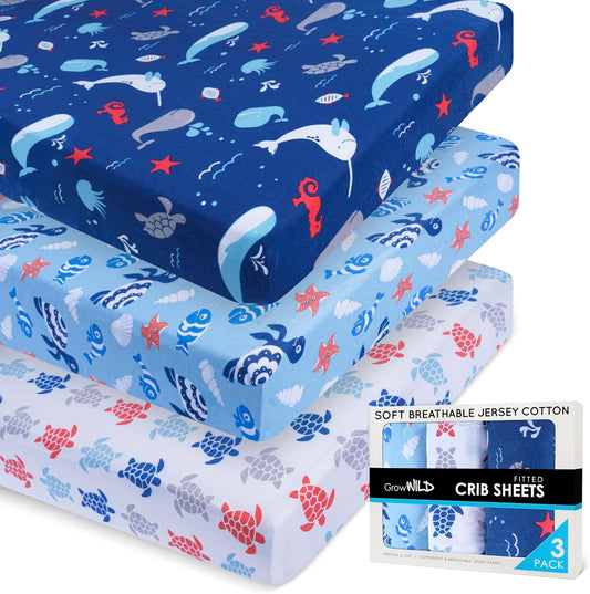 GROW WILD Blue Ocean Baby Crib Sheets for Boys (3 Pack) - Jersey Knit Fitted Sheet (52" x 28"), Toddler Bedding Set & Baby Boy Crib Bedding Set, Turtles and Sea Animals Theme