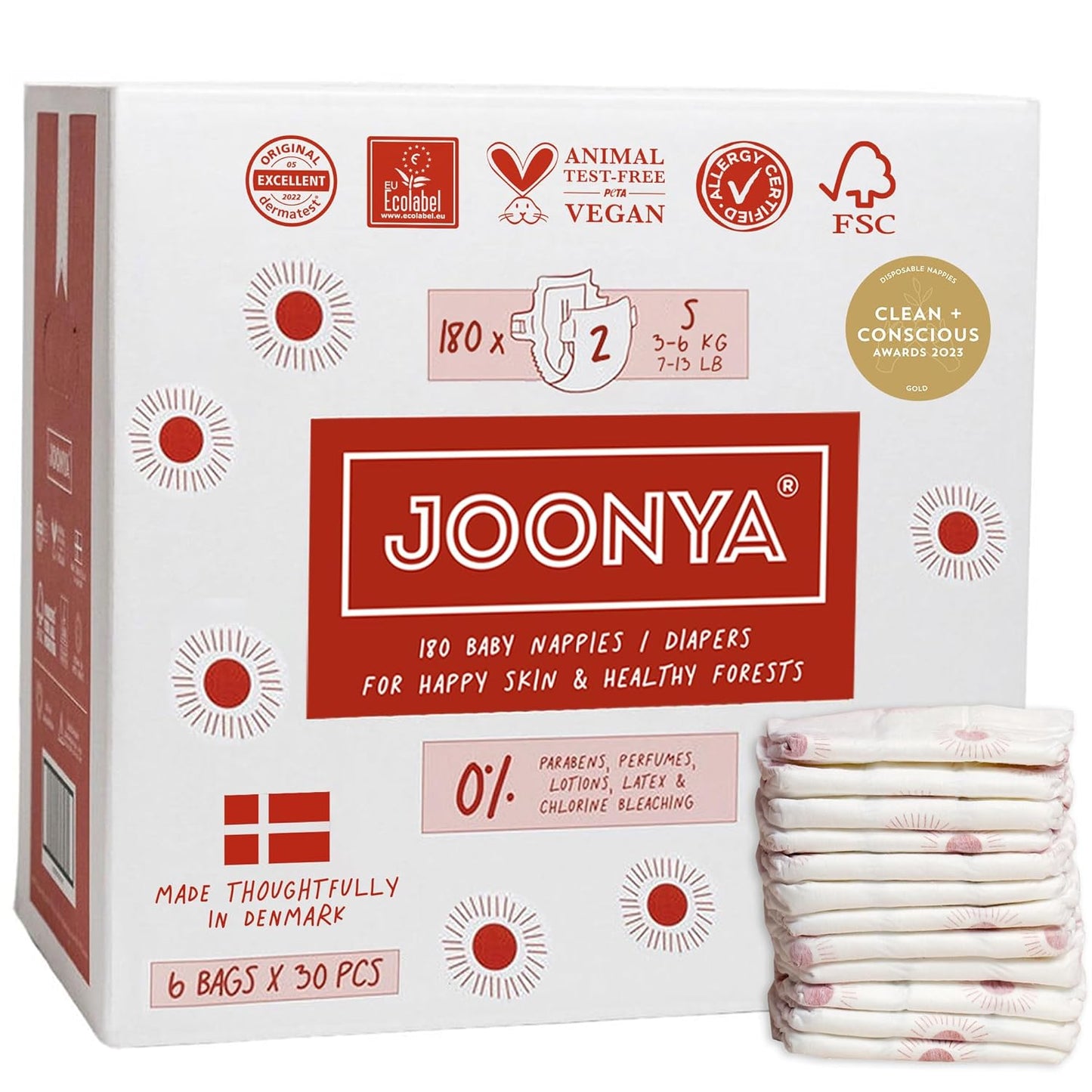 Joonya Baby Diapers, Size 2 S (7-13 lb) - 6 Bags of 30 (180) - New Range - NonToxic, Eco-Friendly, Ultra Slim, Overnight Use - Made in Denmark