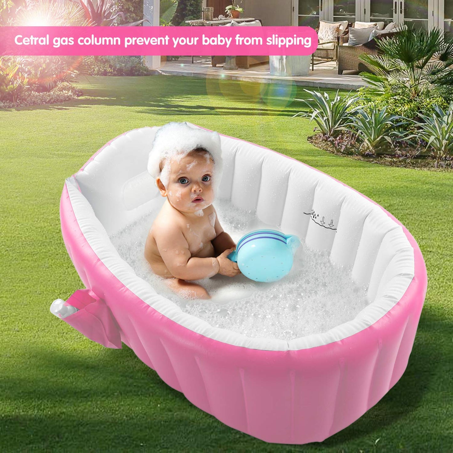 Inflatable Baby Bathtub, Portable Infant Toddler Bathing Tub Non Slip Travel Bathtub Mini Air Swimming Pool Kids Thick Foldable Shower Basin with Air Pump, Pink
