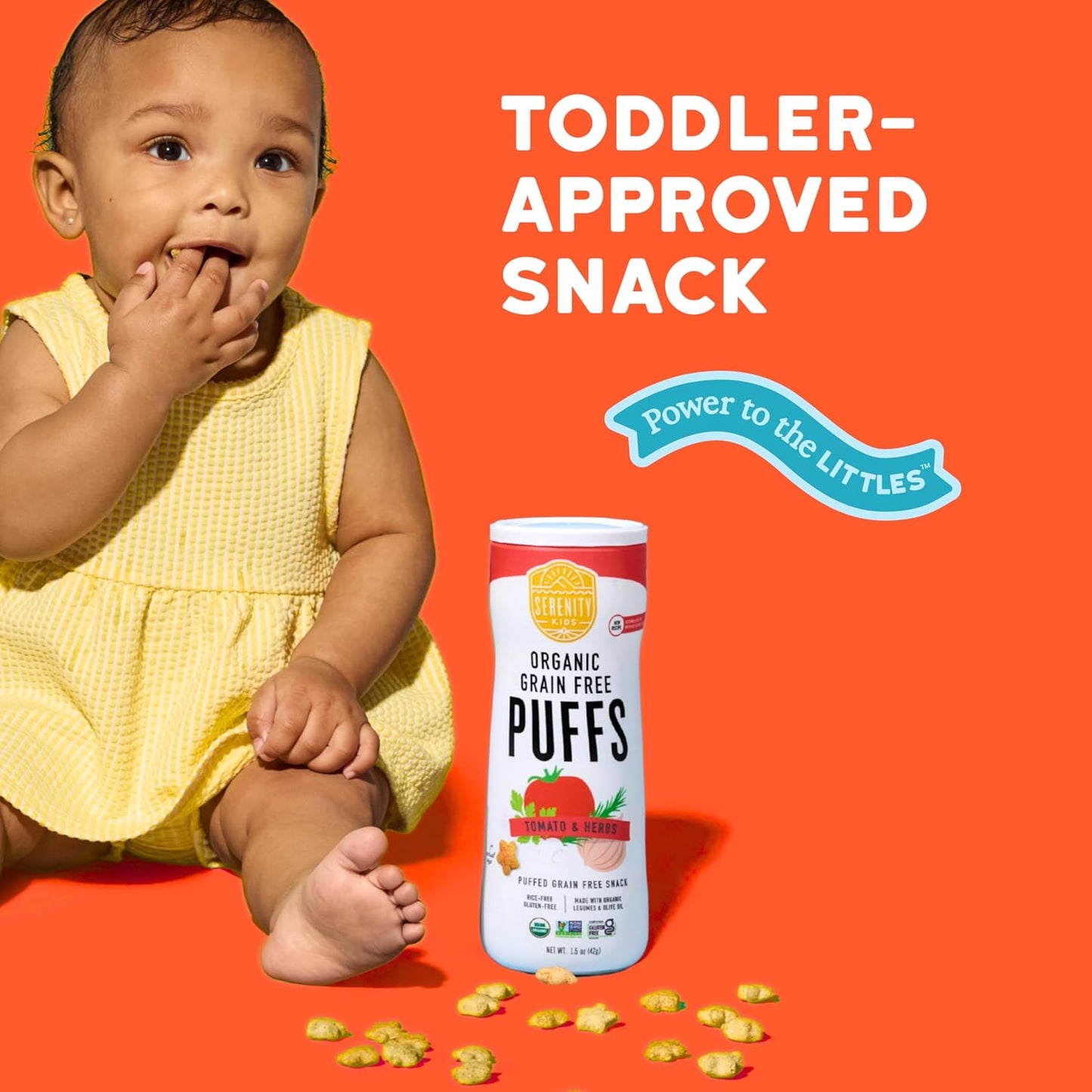 Serenity Kids 6+ Months Grain-Free Allergen-Safe Puffs for Toddlers & Babies - No Grains, Gluten, Nuts, Rice - Organic Veggies, Legumes, Olive Oil, Tomato & Herbs - 6 Count - Can Of Puffs