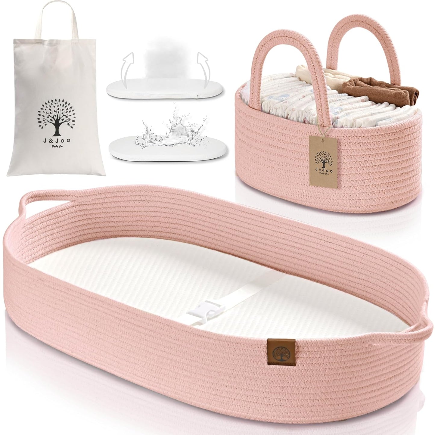 J&JOO Baby Changing Basket includes Diaper Caddy - Breathable & Waterproof Dual-Cover, Portable, Changing Pad for Dresser & Changing Table, Gift for Baby Shower (Coral Pink, Diaper Caddy Set)