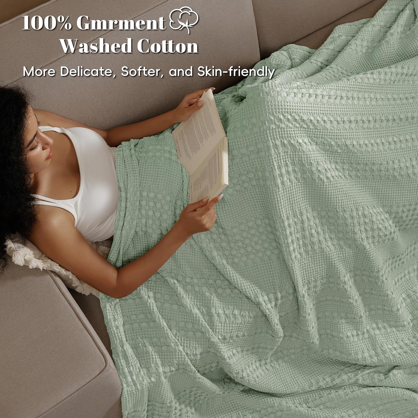 PHF 100% Cotton Waffle Weave Blanket Queen Size, Soft Lightweight Breathable Cozy Summer Blankets for Bed, Luxury Aesthetic Woven Bedding for Home Decor, 90"x90", Sage Green