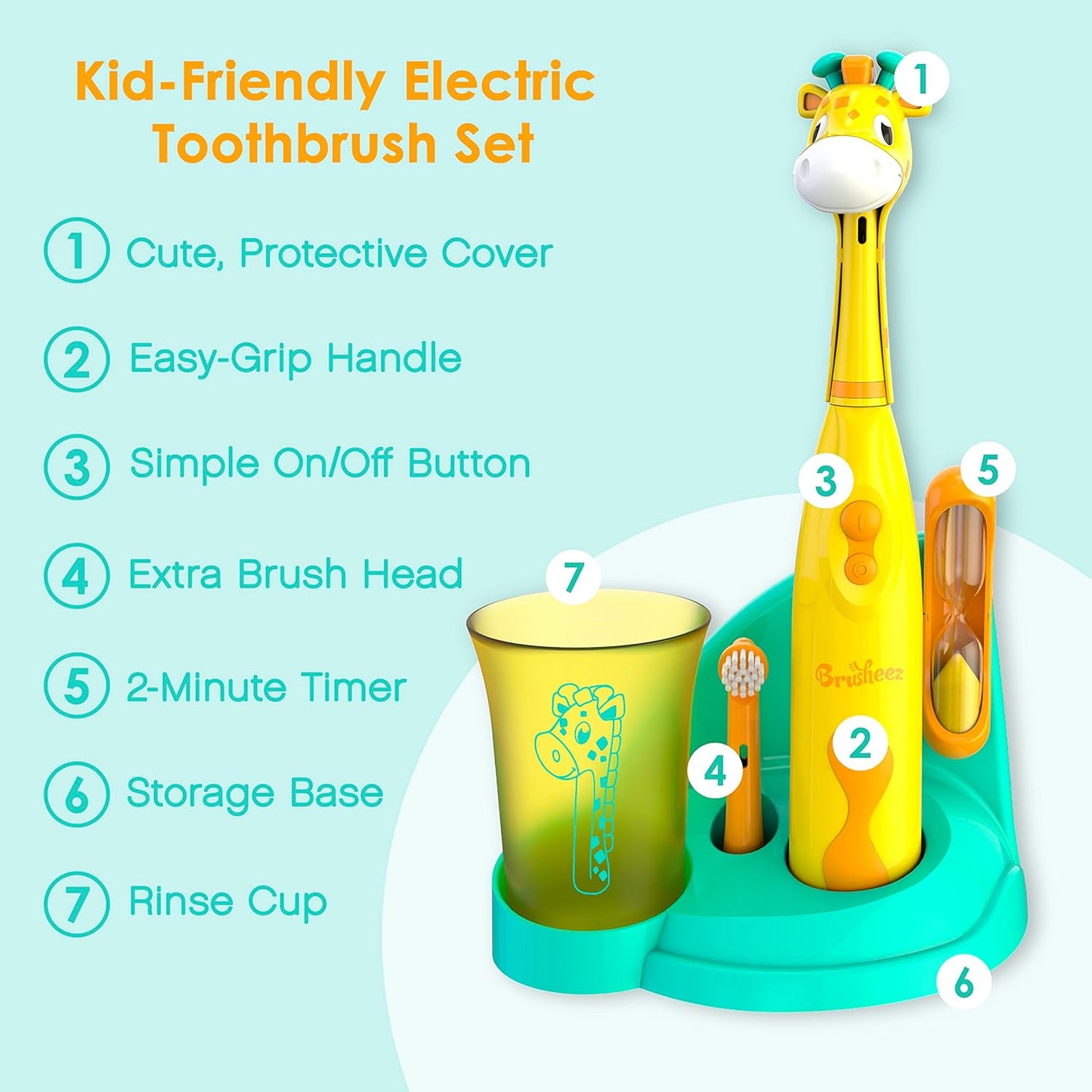 Brusheez Kids’ Electric Toothbrush Set - Safe & Effective for Ages 3+ - Parent Tested & Approved with Gentle Bristles, 2 Brush Heads, Rinse Cup, 2-Minute Timer, & Storage Base (Jovie The Giraffe)